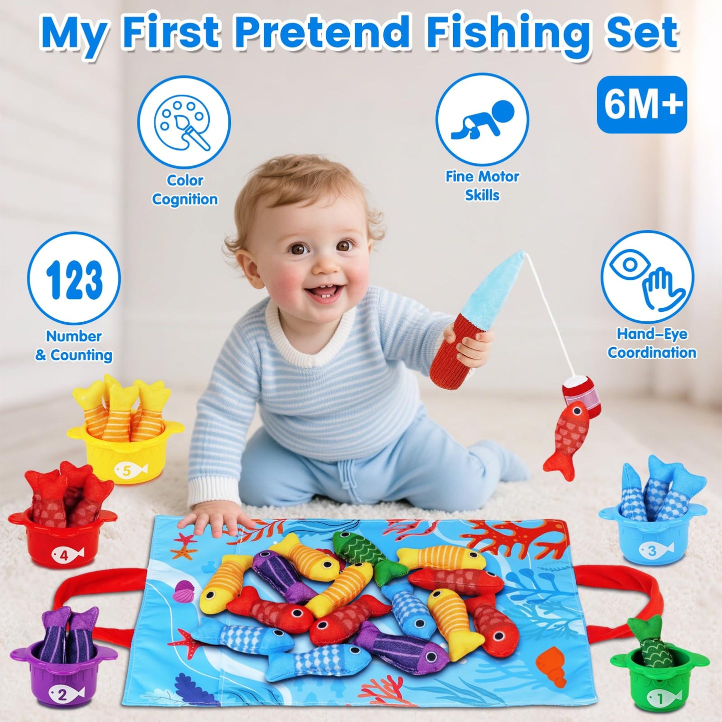 Arovan Montessori Fishing Toy Set for Toddlers 1-3 | 22-Piece Cloth Fish & Stacking Cups