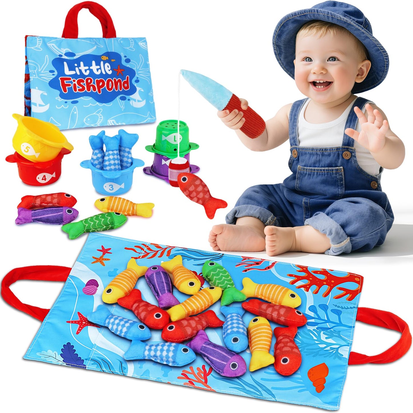 Arovan Montessori Fishing Toy Set for Toddlers 1-3 | 22-Piece Cloth Fish & Stacking Cups