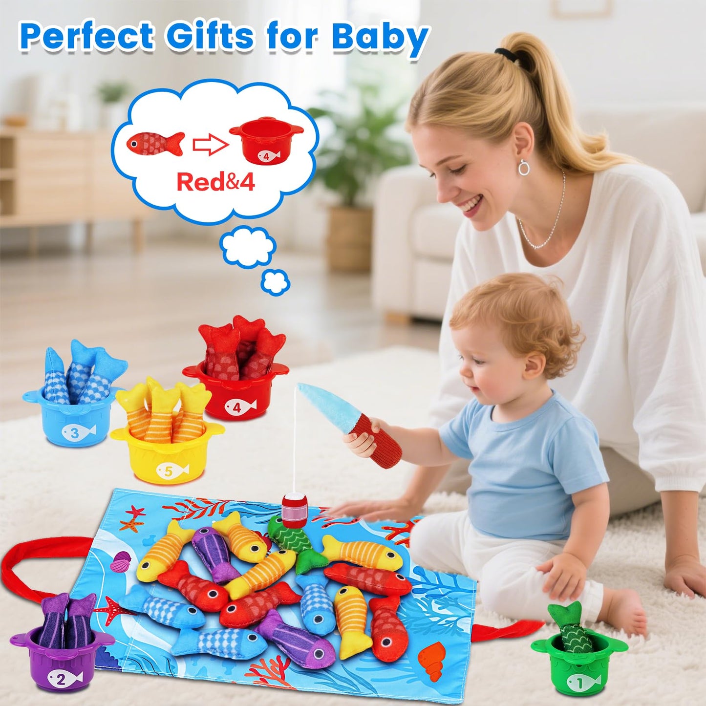 Arovan Montessori Fishing Toy Set for Toddlers 1-3 | 22-Piece Cloth Fish & Stacking Cups