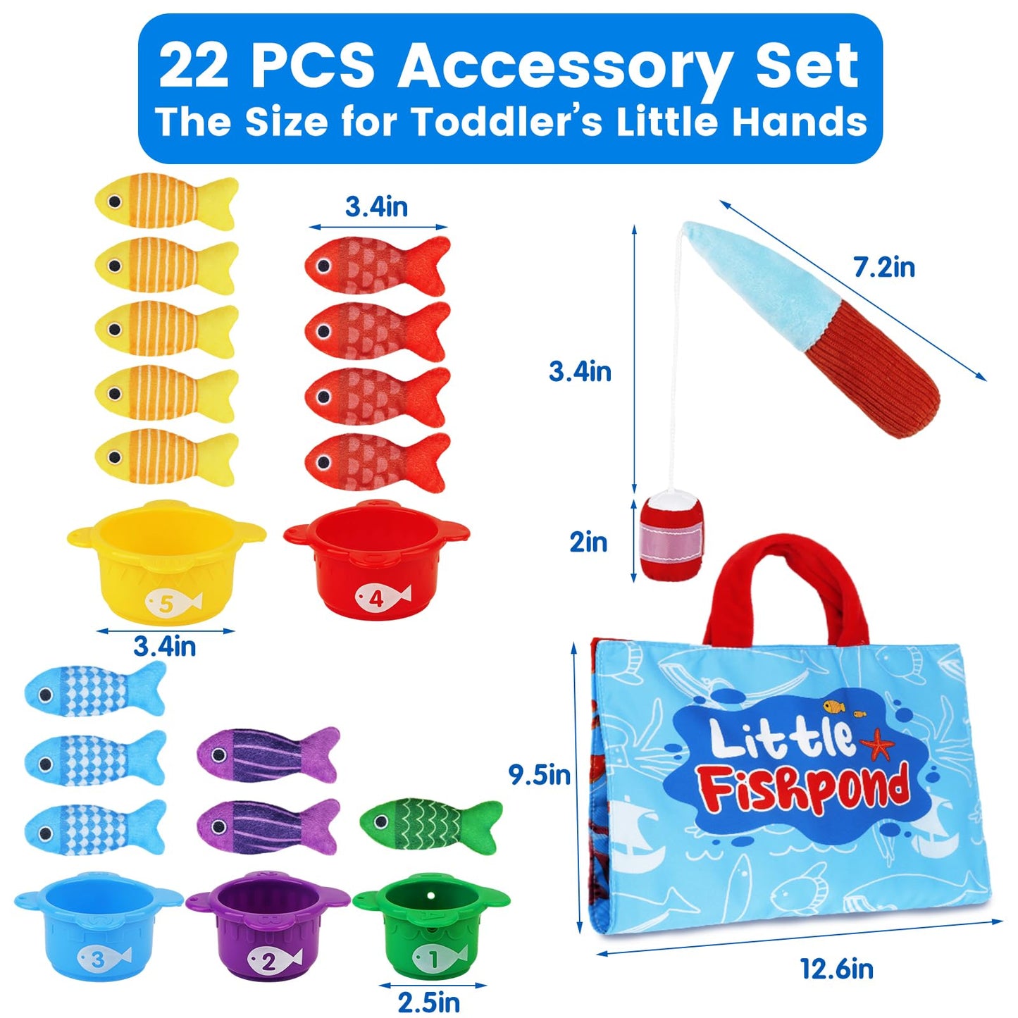 Arovan Montessori Fishing Toy Set for Toddlers 1-3 | 22-Piece Cloth Fish & Stacking Cups