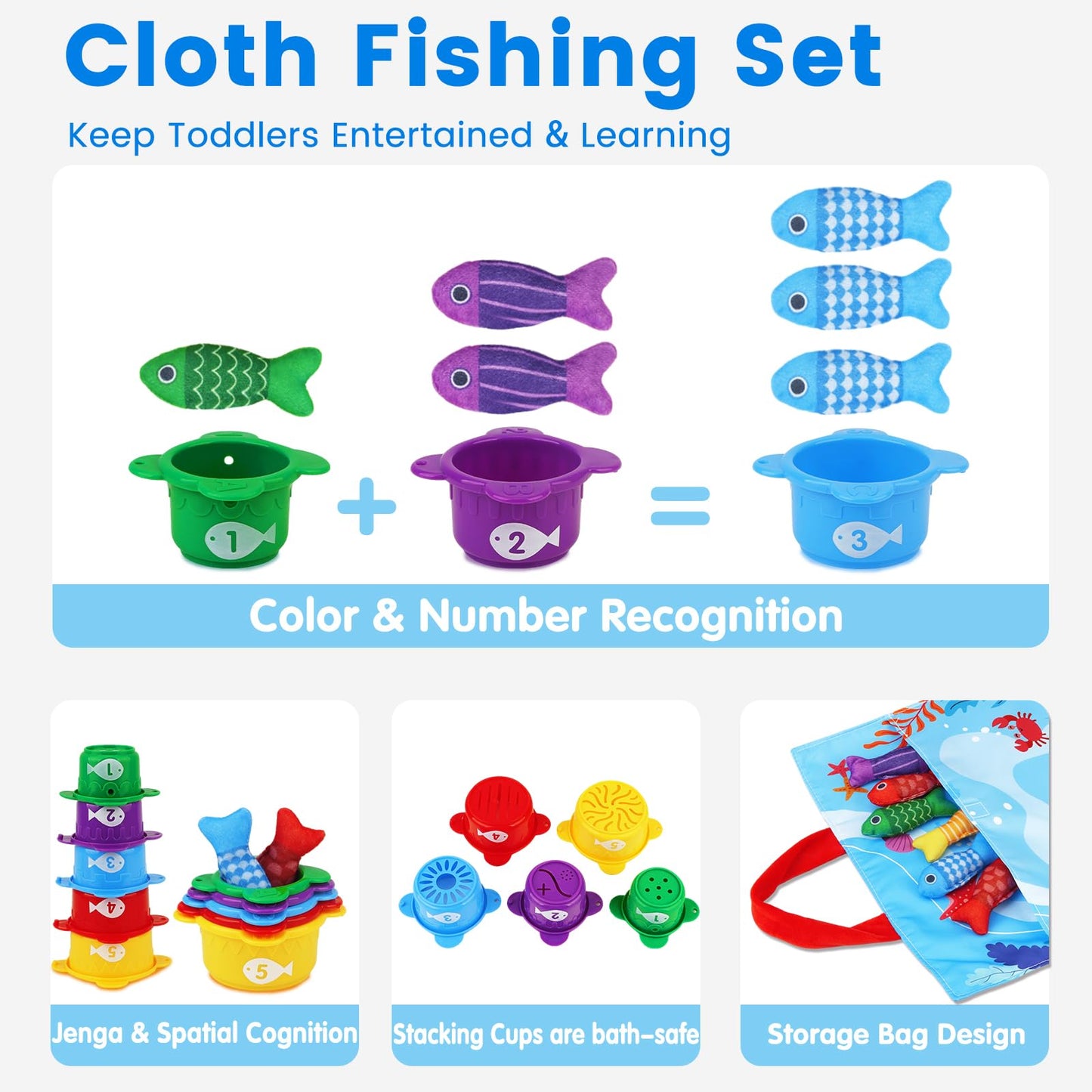 Arovan Montessori Fishing Toy Set for Toddlers 1-3 | 22-Piece Cloth Fish & Stacking Cups