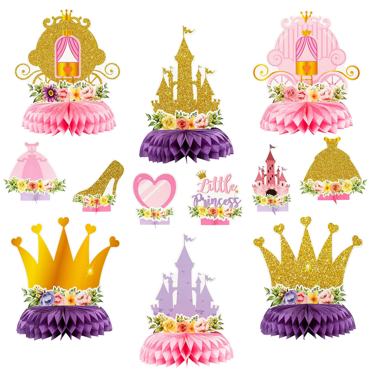 ArowlWesh 12Pcs Floral Princess Honeycomb Centerpieces – Pink & Gold Castle Theme Party Decor