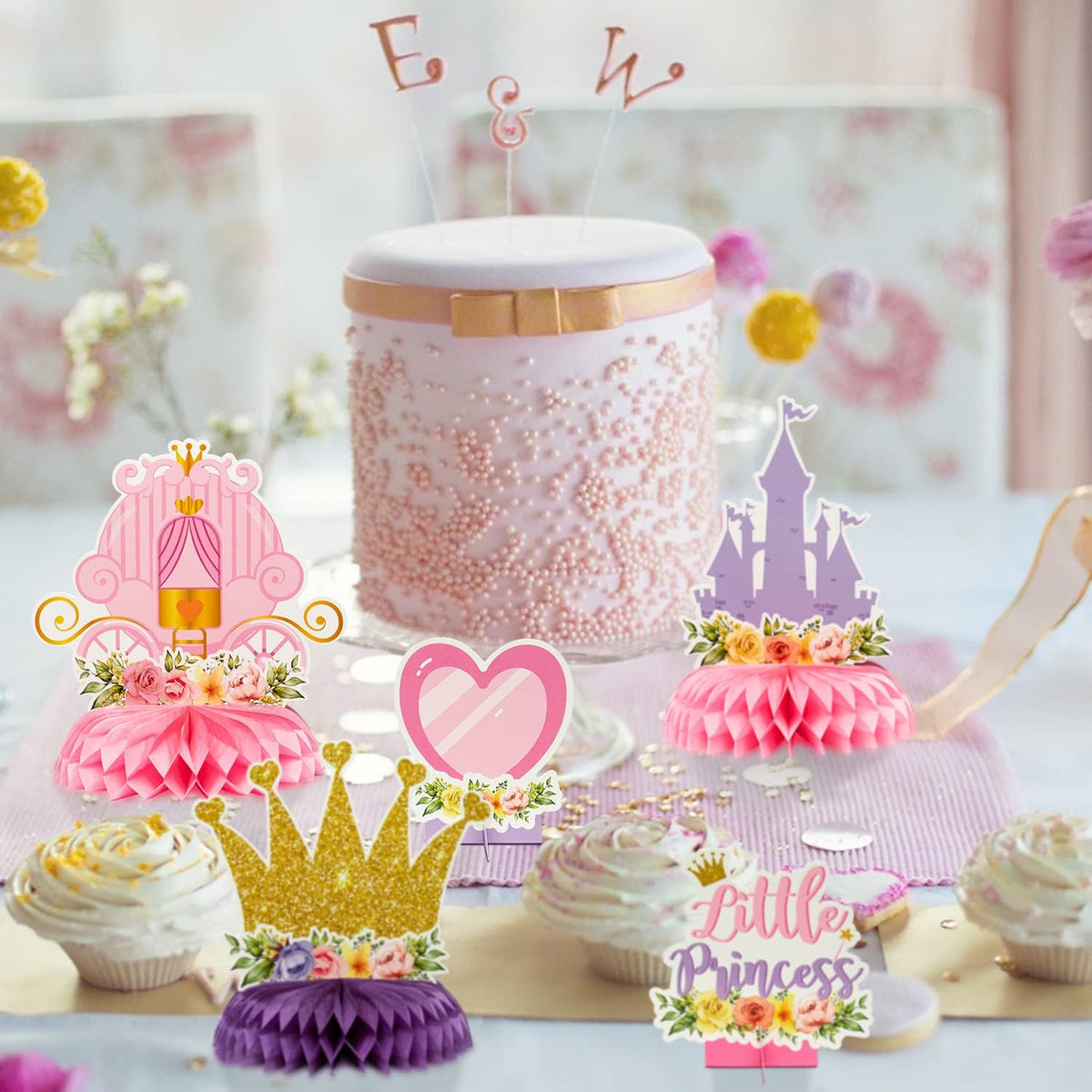 ArowlWesh 12Pcs Floral Princess Honeycomb Centerpieces – Pink & Gold Castle Theme Party Decor