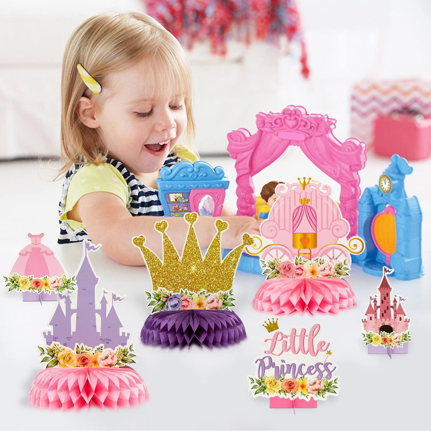 ArowlWesh 12Pcs Floral Princess Honeycomb Centerpieces – Pink & Gold Castle Theme Party Decor
