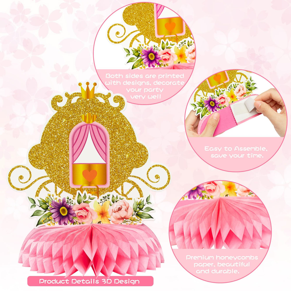 ArowlWesh 12Pcs Floral Princess Honeycomb Centerpieces – Pink & Gold Castle Theme Party Decor