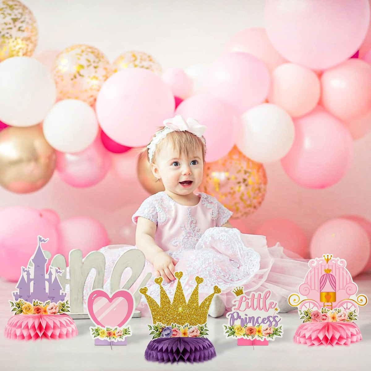 ArowlWesh 12Pcs Floral Princess Honeycomb Centerpieces – Pink & Gold Castle Theme Party Decor