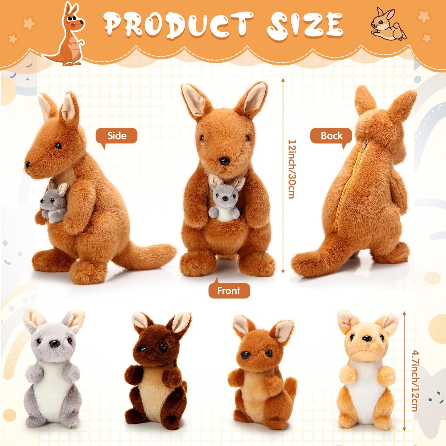 Arrowbash 5-Pcs Kangaroo Plush Set — 12in Mommy Kangaroo with 4 Babies