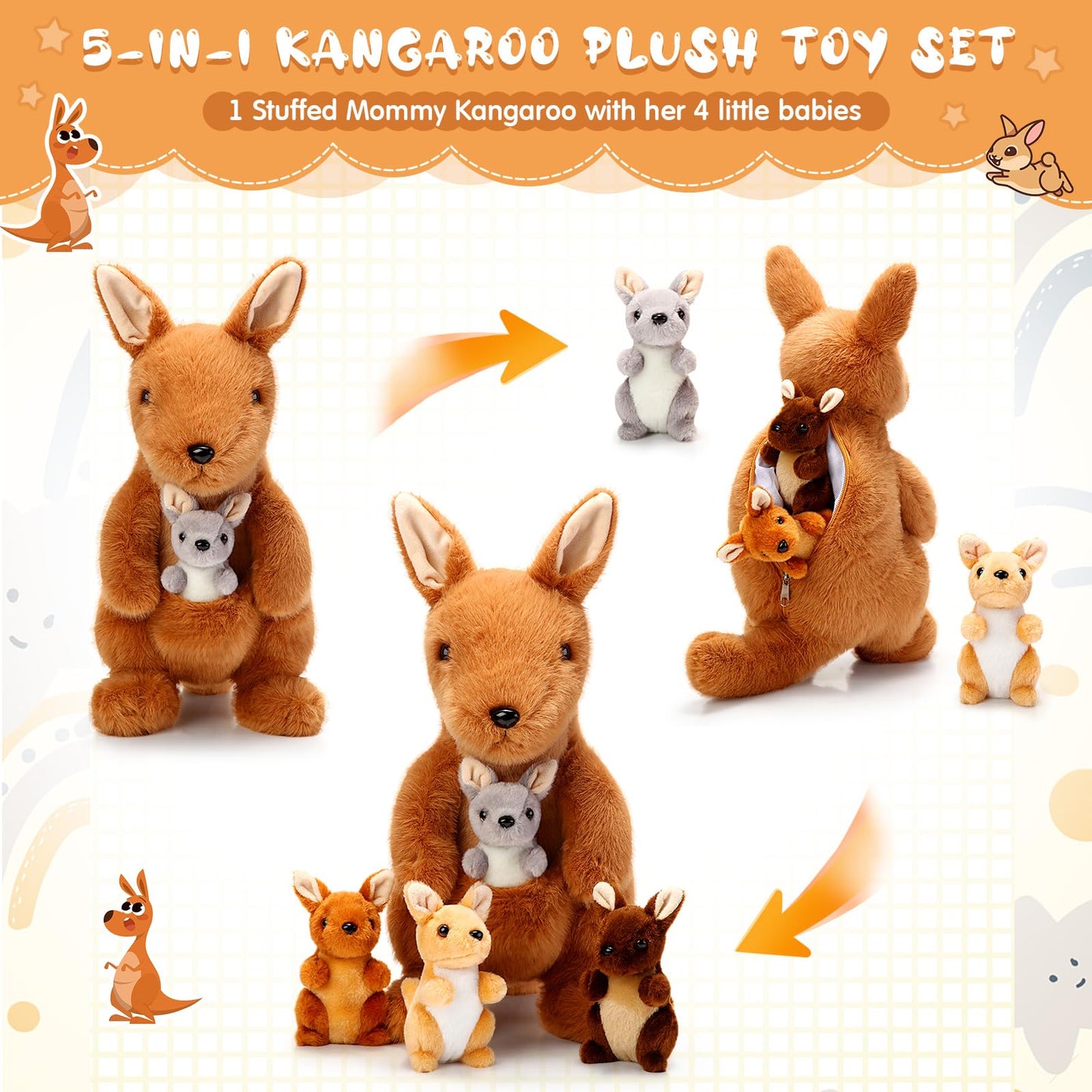 Arrowbash 5-Pcs Kangaroo Plush Set — 12in Mommy Kangaroo with 4 Babies