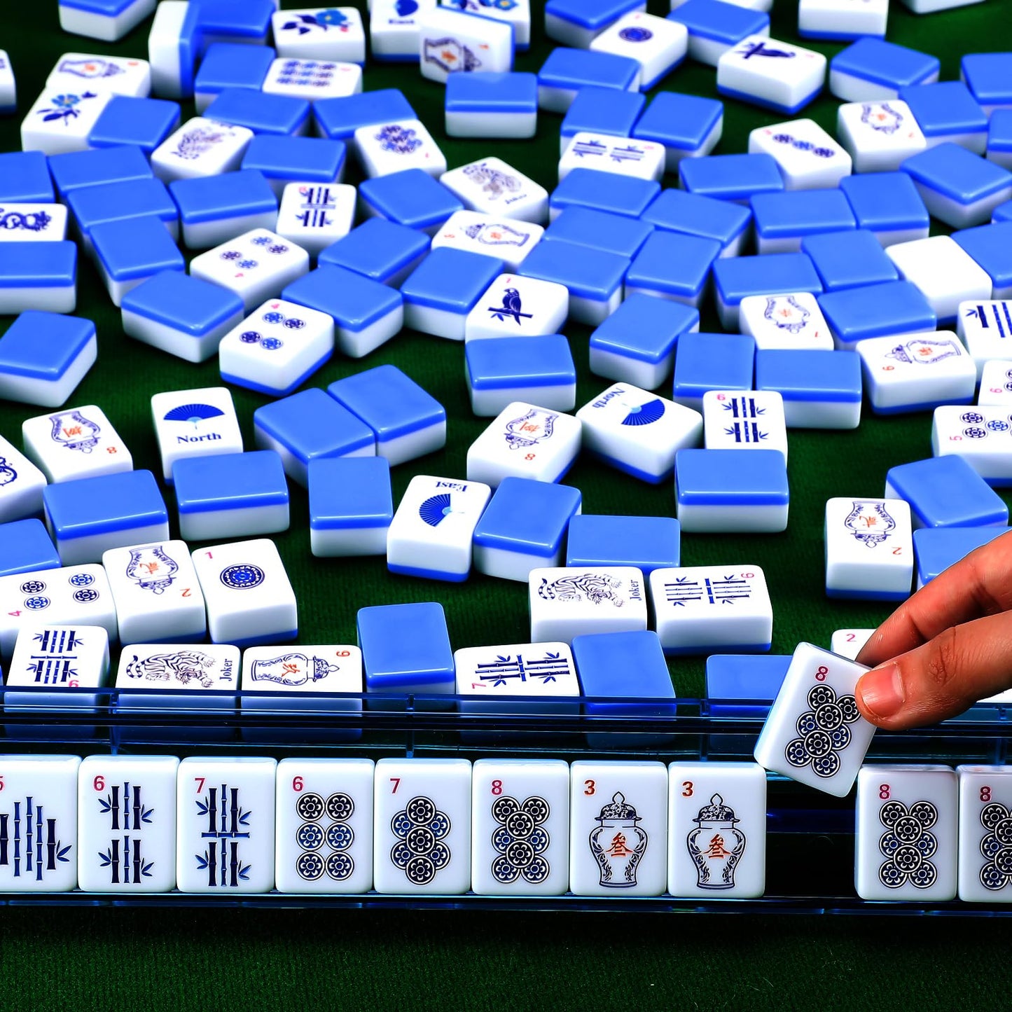 Arrowbash Christmas 160-Piece Chinoiserie Mahjong Tile Set | Melamine, Blue Back