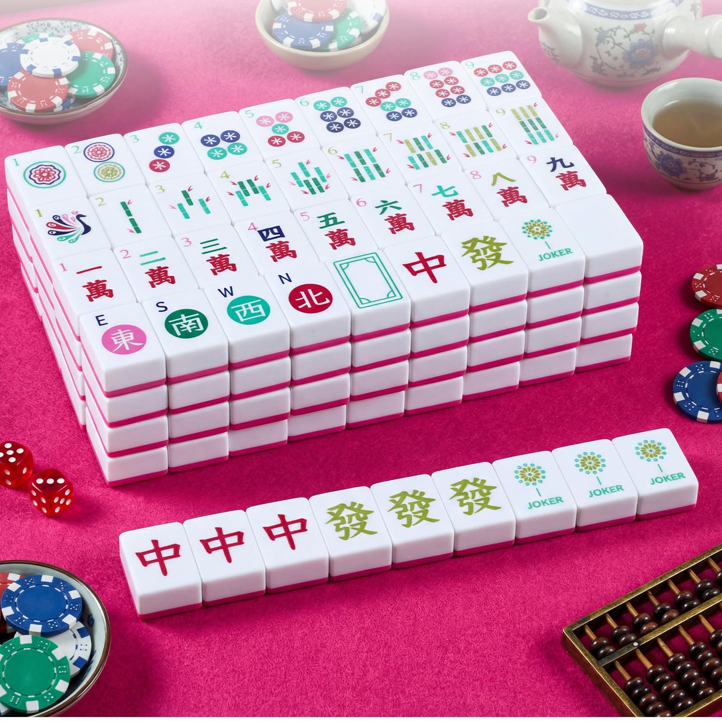 Arrowbash American Mahjong Set — 160 Tiles, 1.2-Inch Hand Carved Pattern, Rose Red