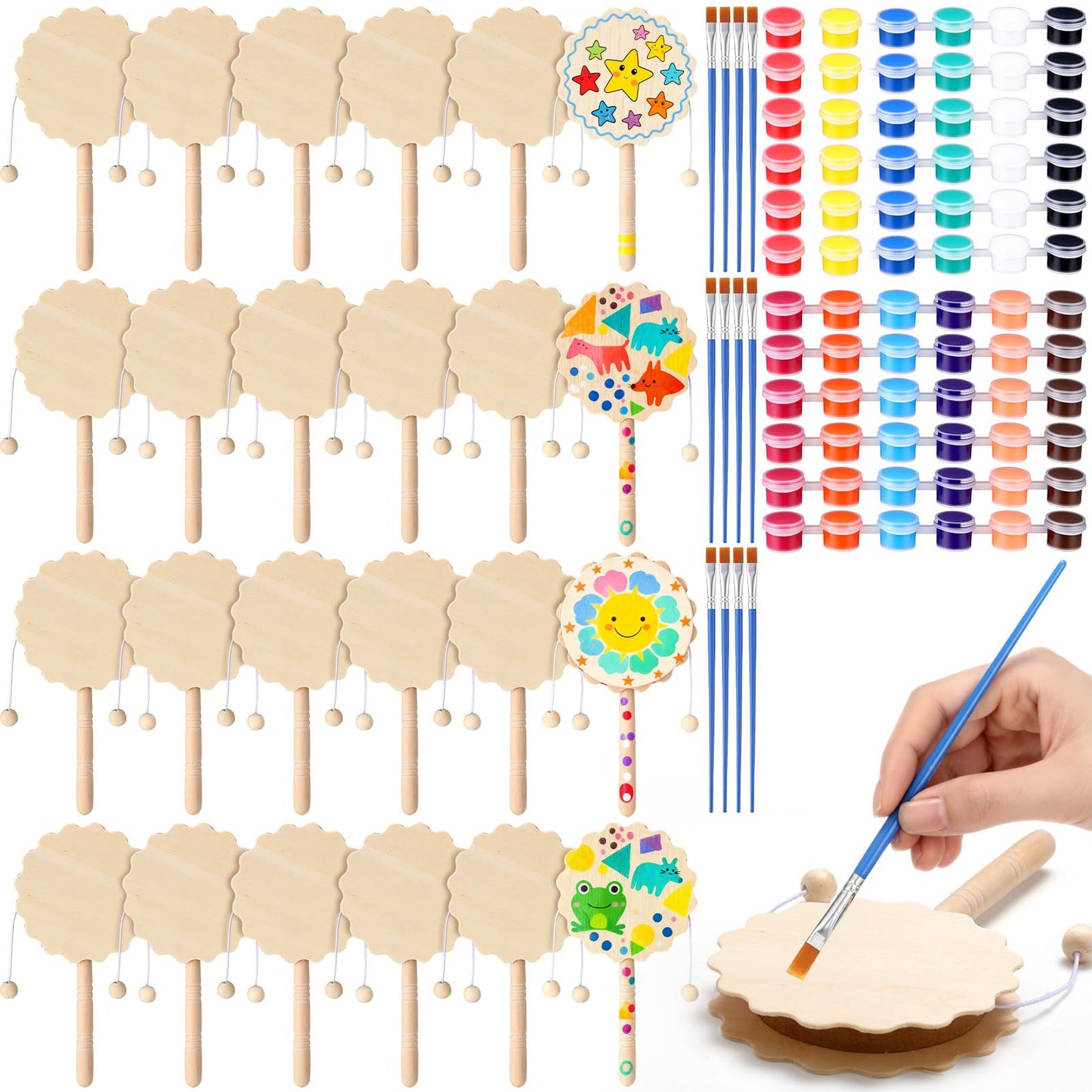 Arrowbash 24 Pcs DIY Rattle Set – Unfinished Blank Wooden Hand Drums Craft Kit