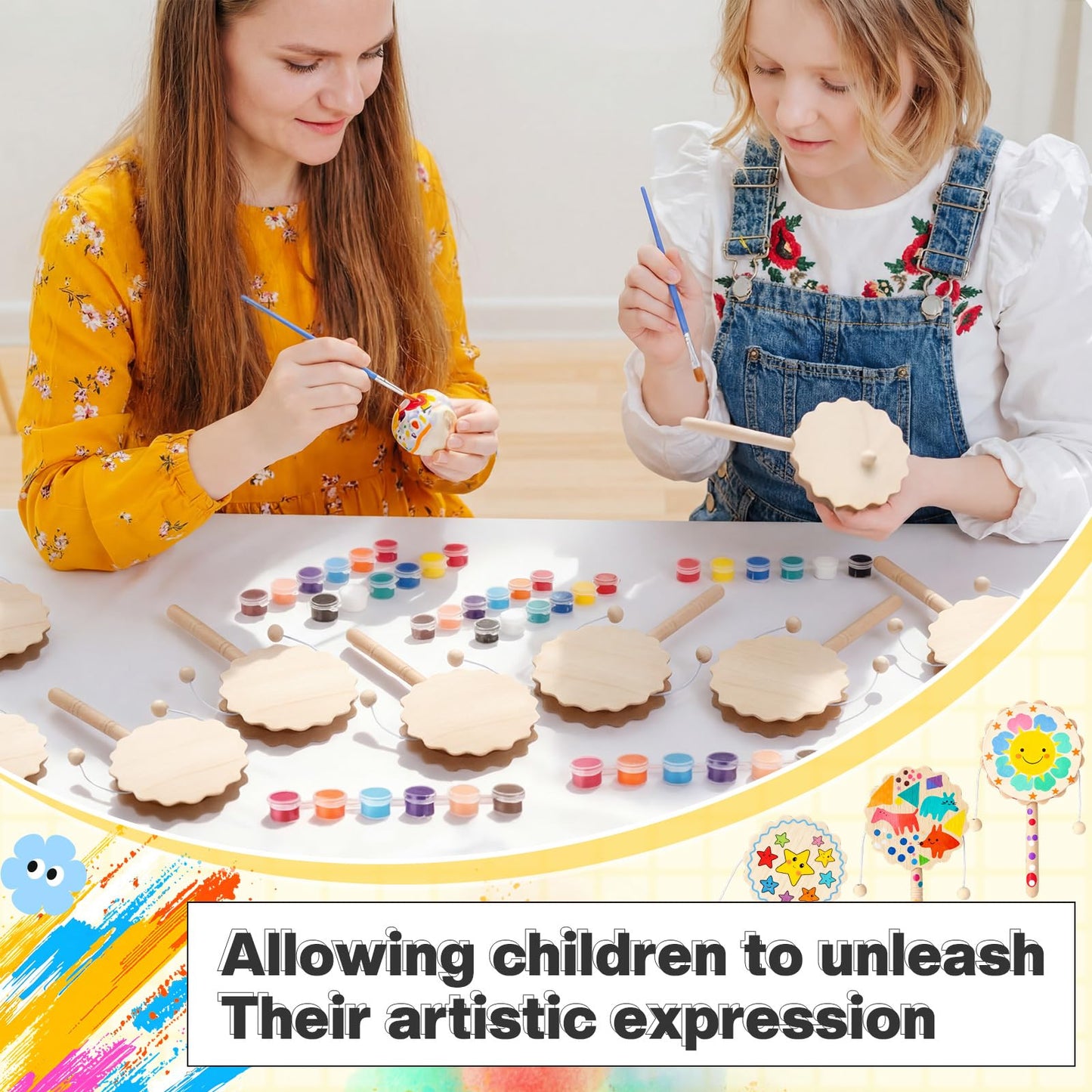 Arrowbash 24 Pcs DIY Rattle Set – Unfinished Blank Wooden Hand Drums Craft Kit