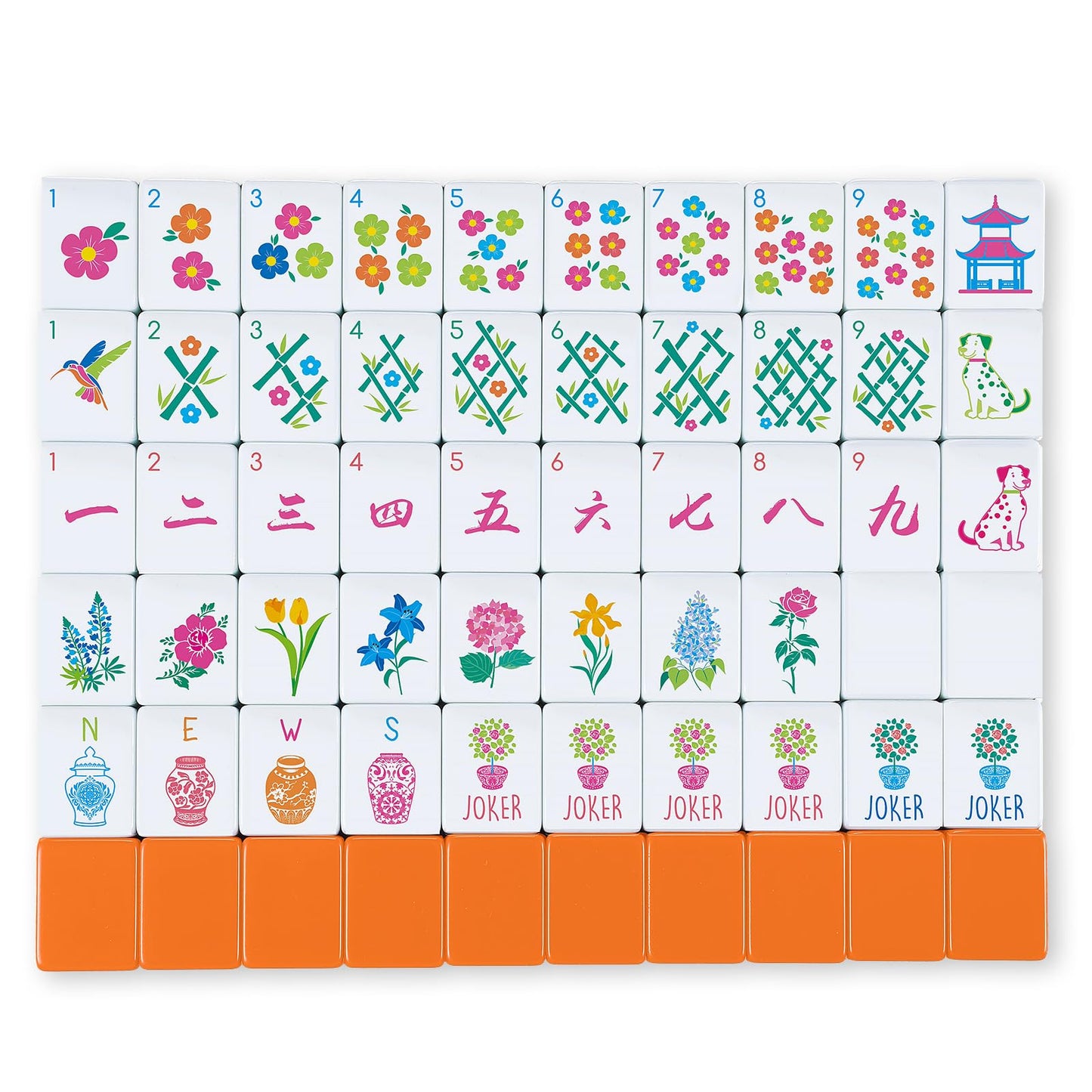 Arrowbash Floral American Mahjong Set — 160 Pcs, 1.2-Inch Melamine Tiles, Orange Back
