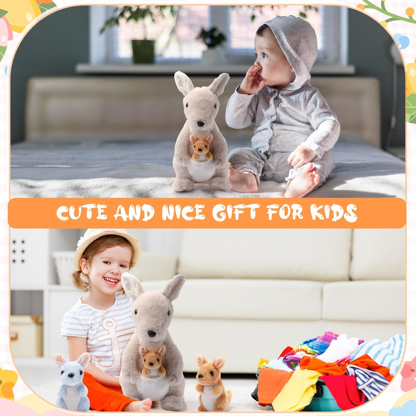 Arrowbash 5-Pcs Kangaroo Plush Set – 12-Inch Mommy Kangaroo with 4 Babies (Grey)