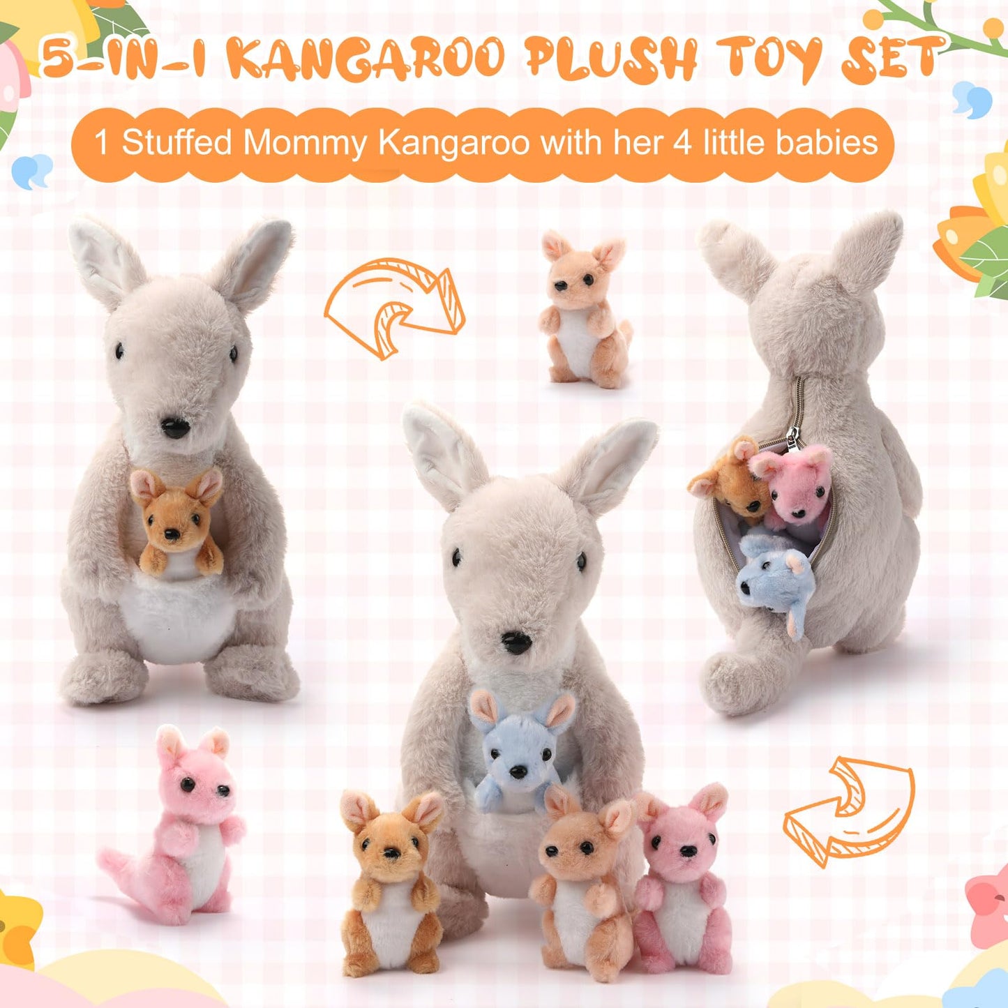 Arrowbash 5-Pcs Kangaroo Plush Set – 12-Inch Mommy Kangaroo with 4 Babies (Grey)