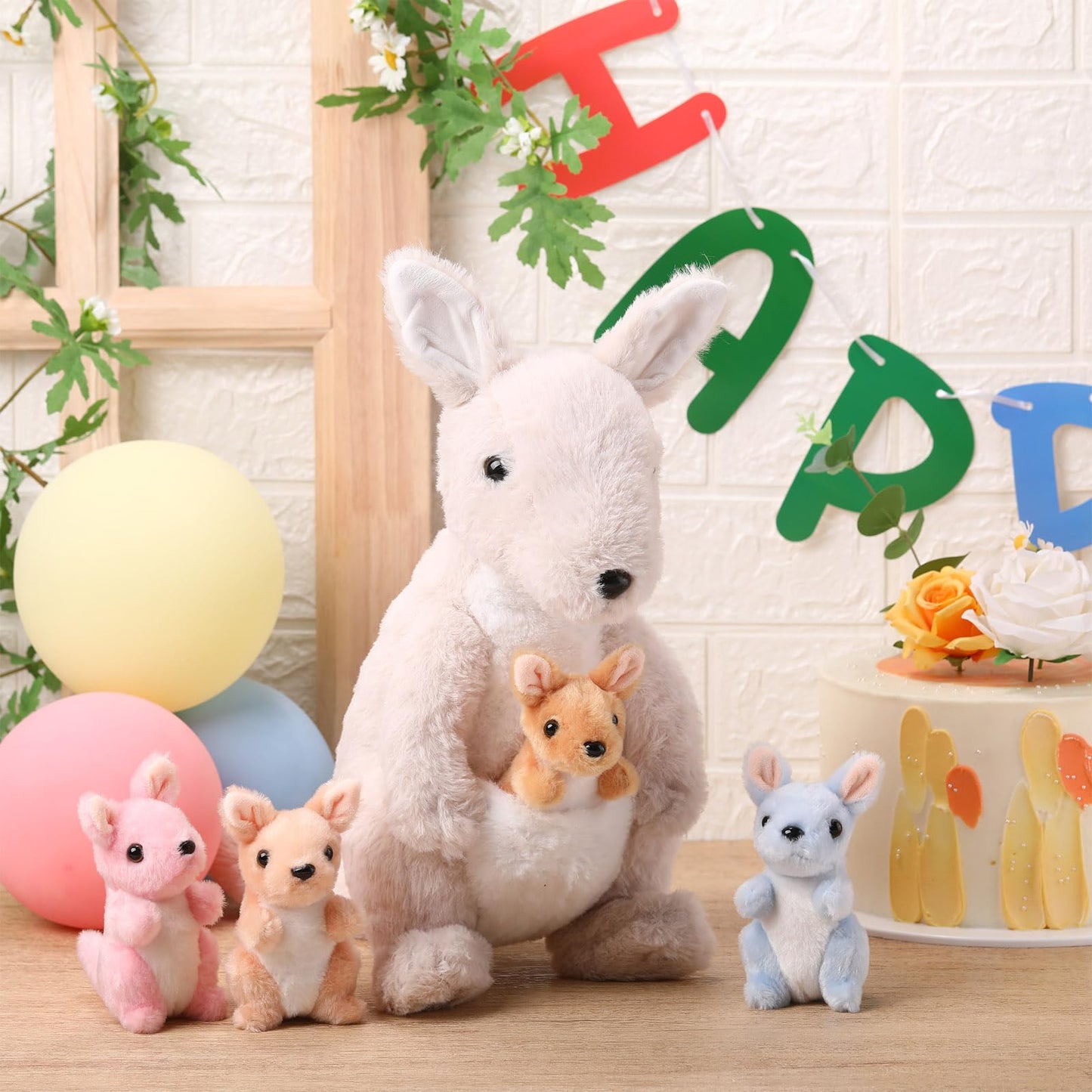 Arrowbash 5-Pcs Kangaroo Plush Set – 12-Inch Mommy Kangaroo with 4 Babies (Grey)