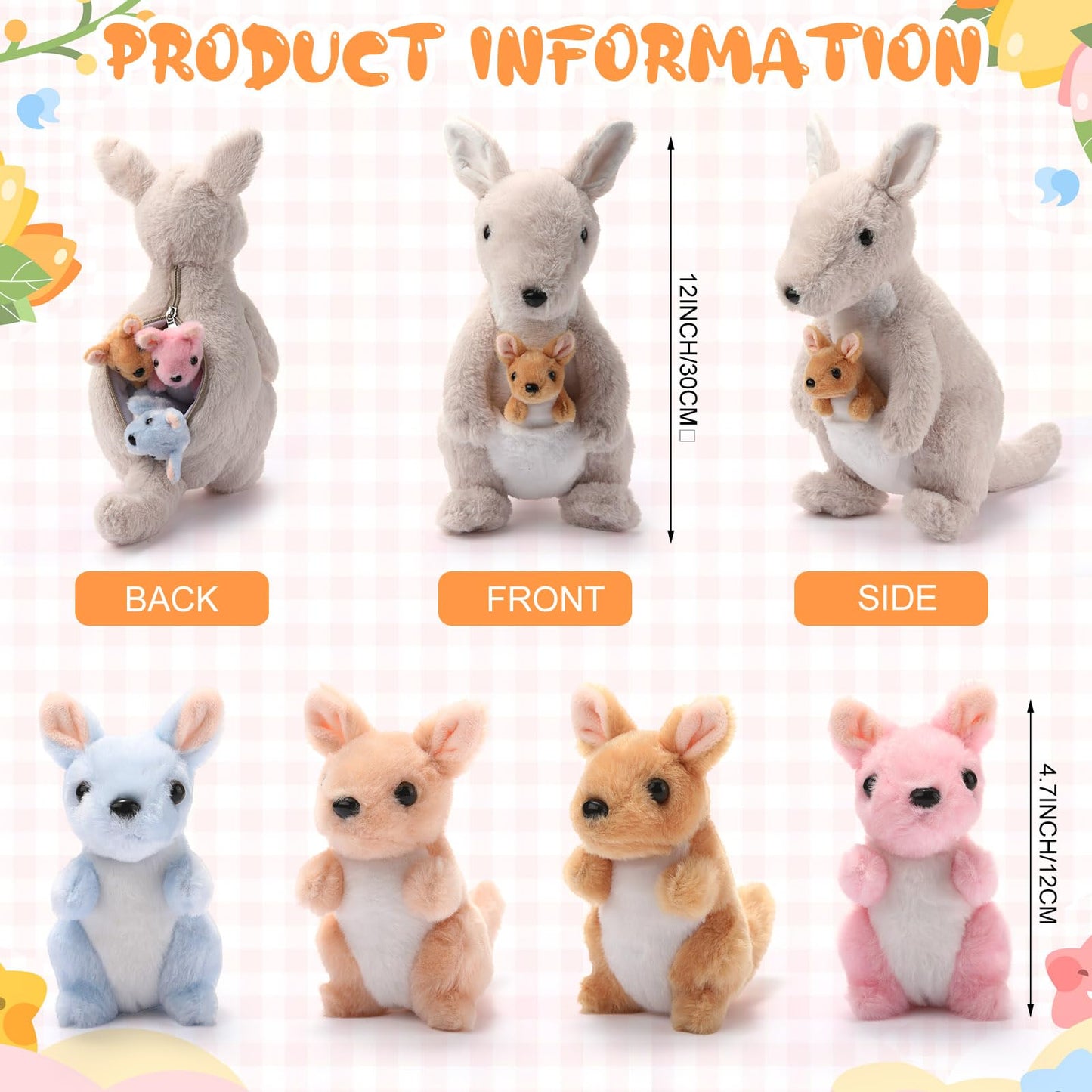 Arrowbash 5-Pcs Kangaroo Plush Set – 12-Inch Mommy Kangaroo with 4 Babies (Grey)