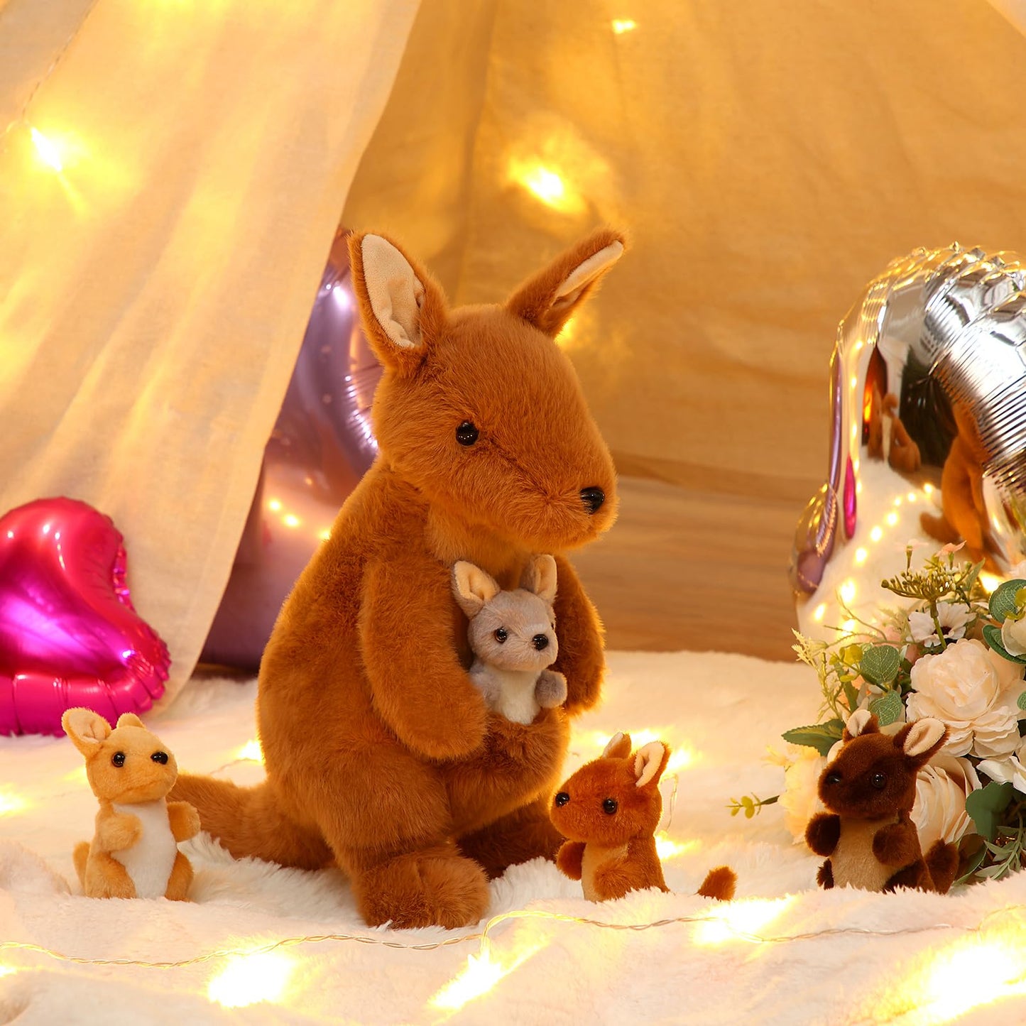 Arrowbash 5-Pcs Kangaroo Plush Set — 12in Mommy Kangaroo with 4 Babies