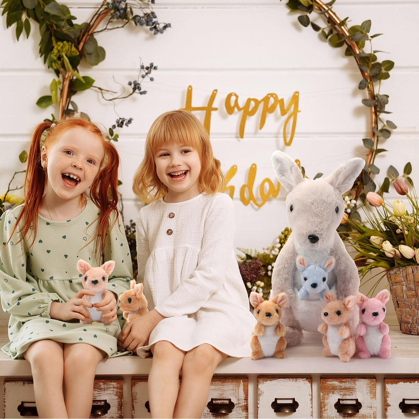 Arrowbash 5-Pcs Kangaroo Plush Set – 12-Inch Mommy Kangaroo with 4 Babies (Grey)