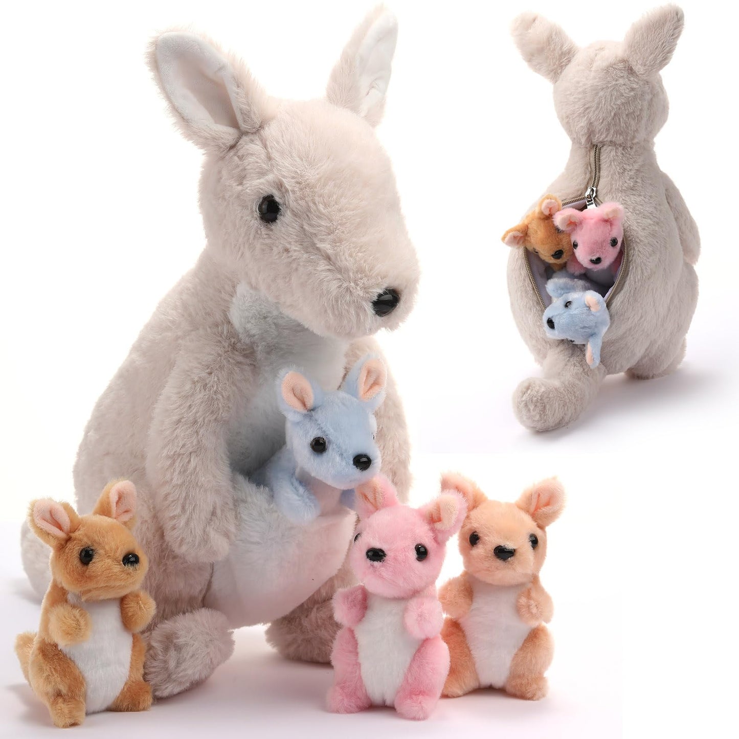 Arrowbash 5-Pcs Kangaroo Plush Set – 12-Inch Mommy Kangaroo with 4 Babies (Grey)