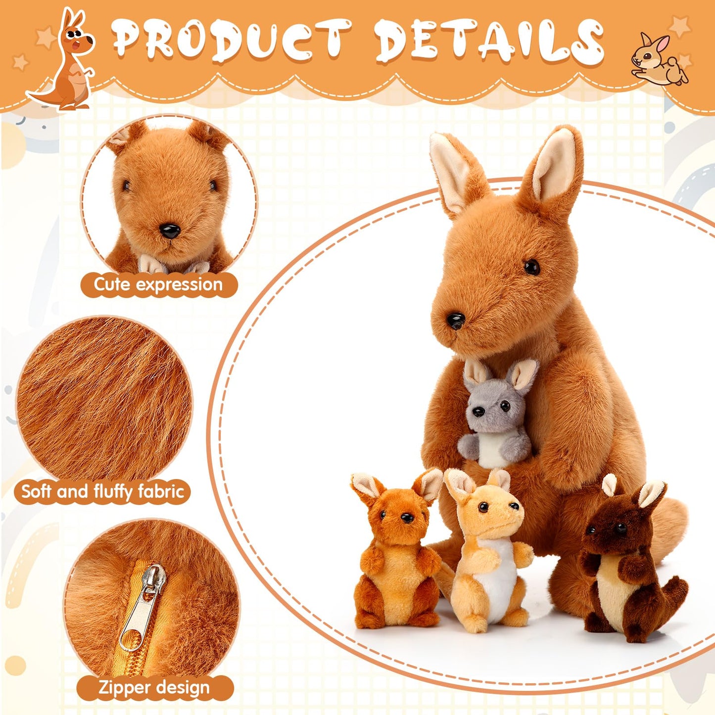 Arrowbash 5-Pcs Kangaroo Plush Set — 12in Mommy Kangaroo with 4 Babies