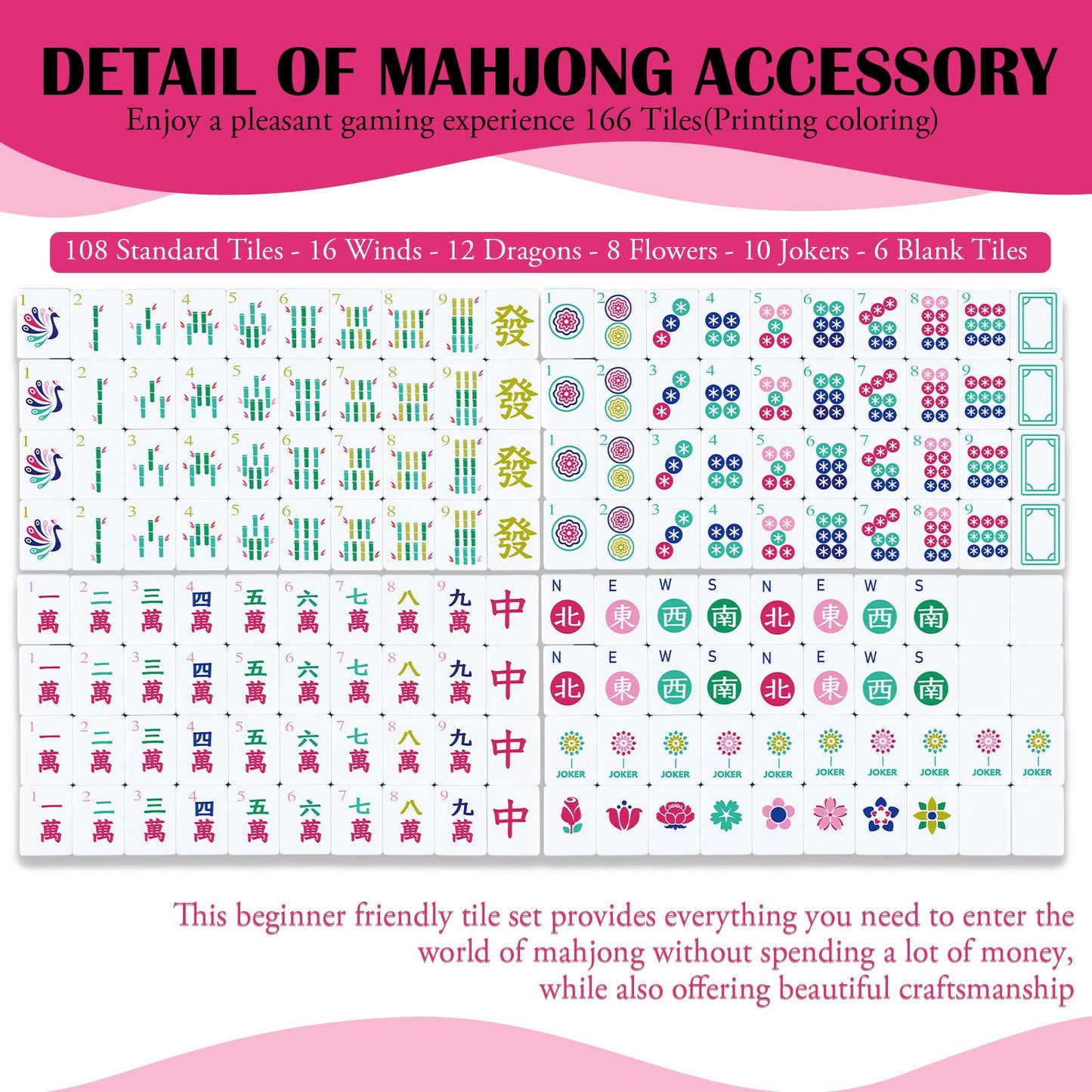 Arrowbash American Mahjong Set — 160 Tiles, 1.2-Inch Hand Carved Pattern, Rose Red