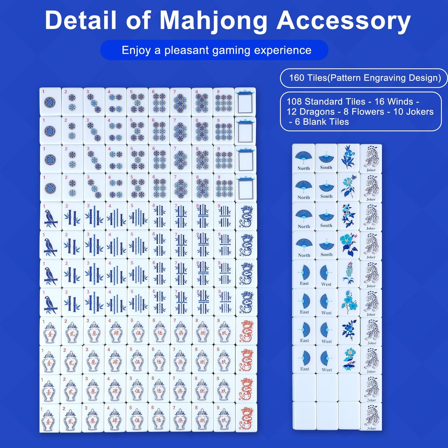Arrowbash Christmas 160-Piece Chinoiserie Mahjong Tile Set | Melamine, Blue Back