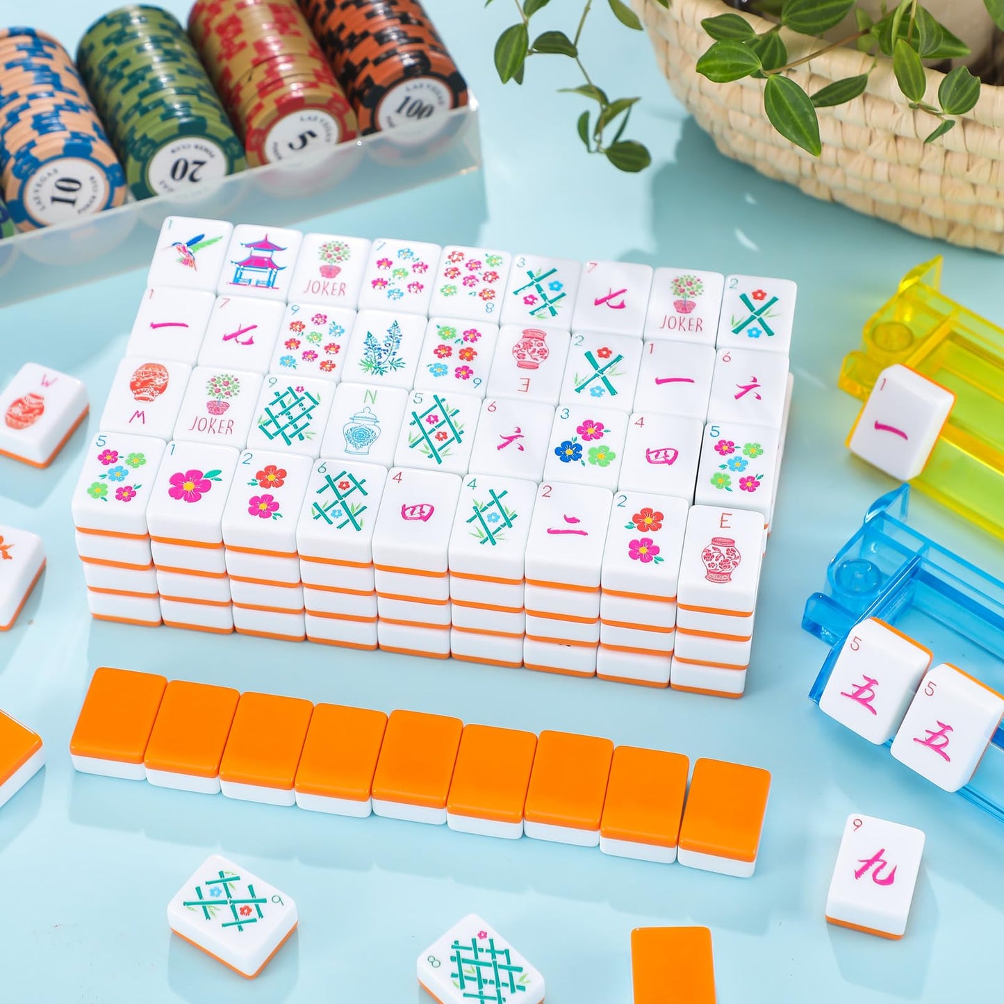 Arrowbash Floral American Mahjong Set — 160 Pcs, 1.2-Inch Melamine Tiles, Orange Back