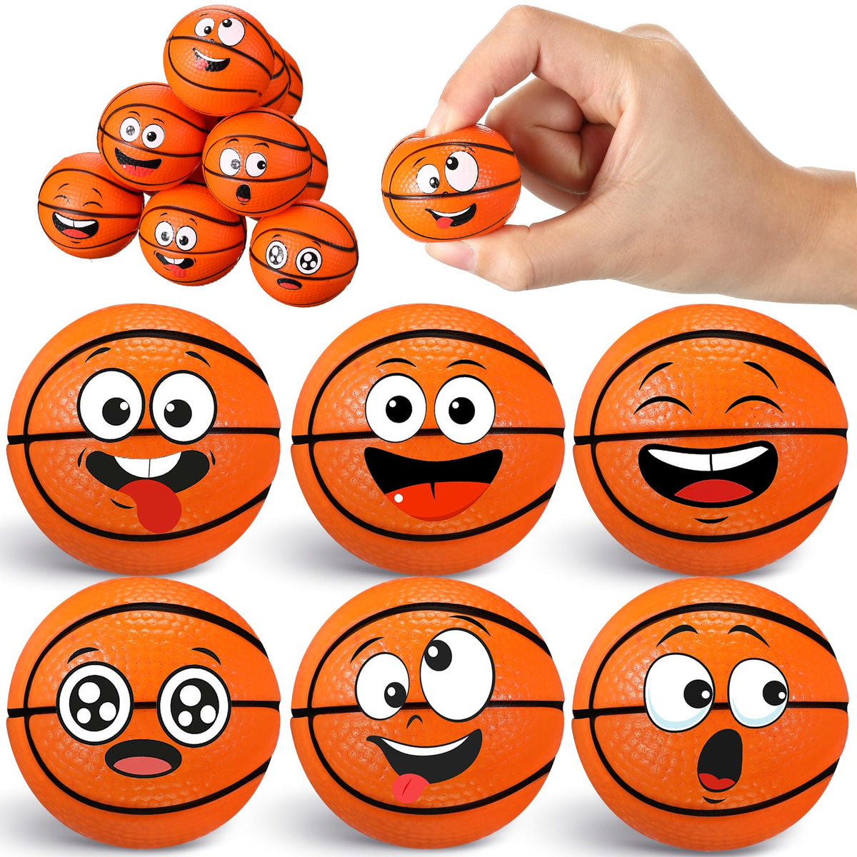 Arrowbash 12 Pcs Mini Face Stress Balls – Basketball Themed Foam Squeeze Balls for Stress Relief, Party Favors