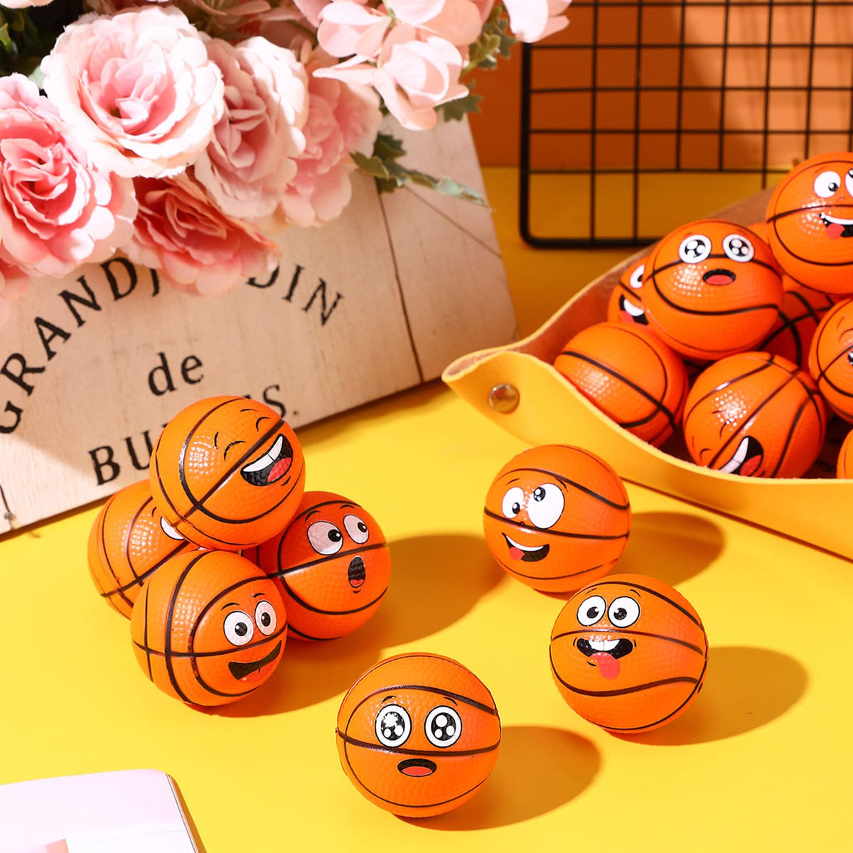 Arrowbash 12 Pcs Mini Face Stress Balls – Basketball Themed Foam Squeeze Balls for Stress Relief, Party Favors