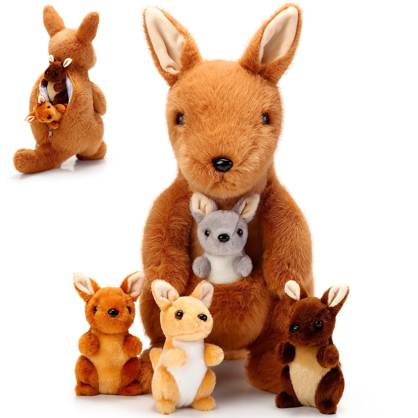 Arrowbash 5-Pcs Kangaroo Plush Set — 12in Mommy Kangaroo with 4 Babies