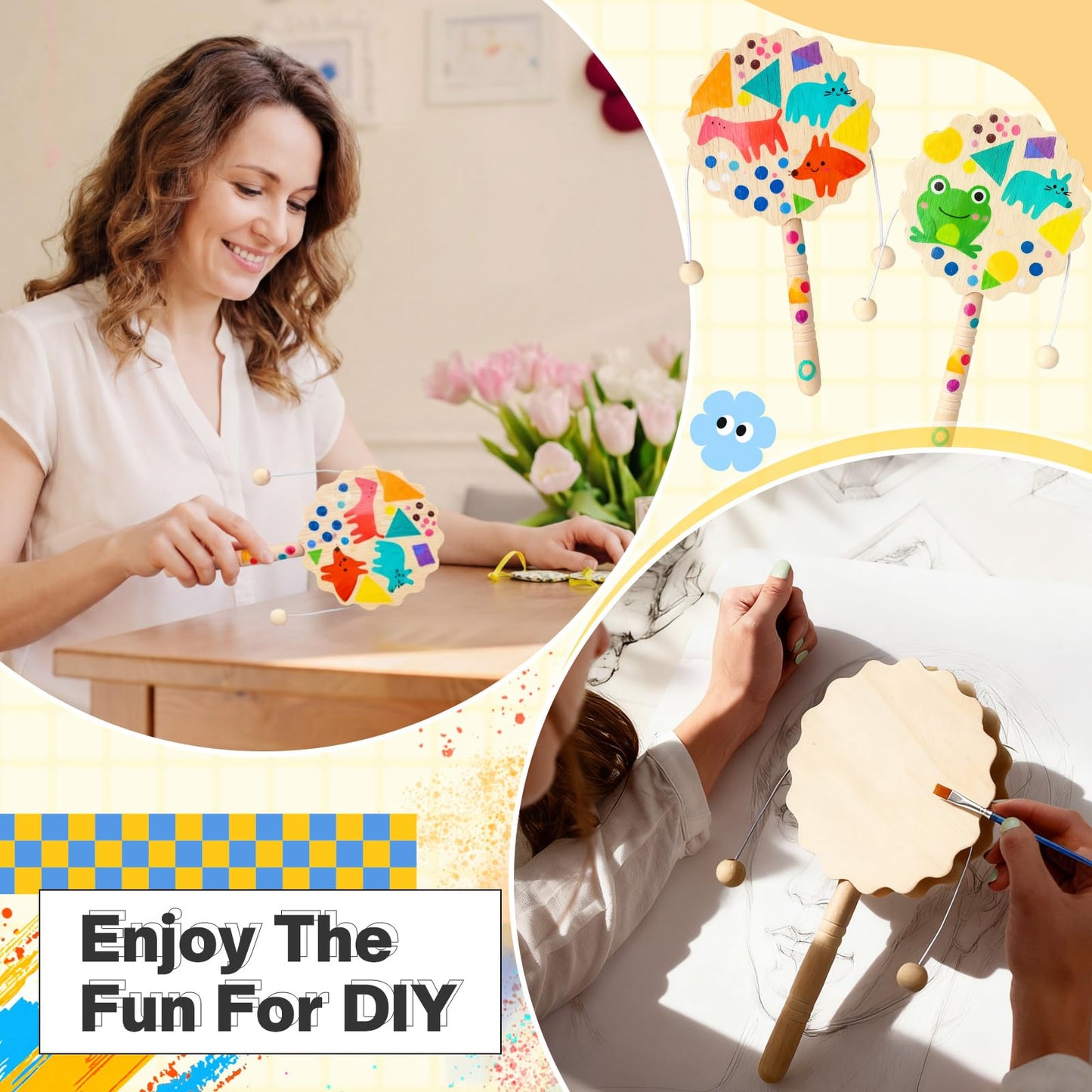 Arrowbash 24 Pcs DIY Rattle Set – Unfinished Blank Wooden Hand Drums Craft Kit