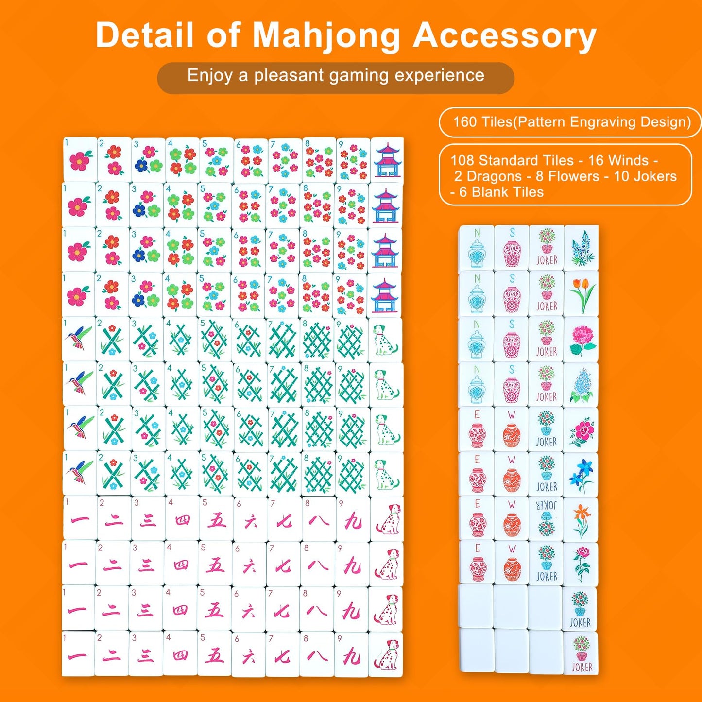 Arrowbash Floral American Mahjong Set — 160 Pcs, 1.2-Inch Melamine Tiles, Orange Back