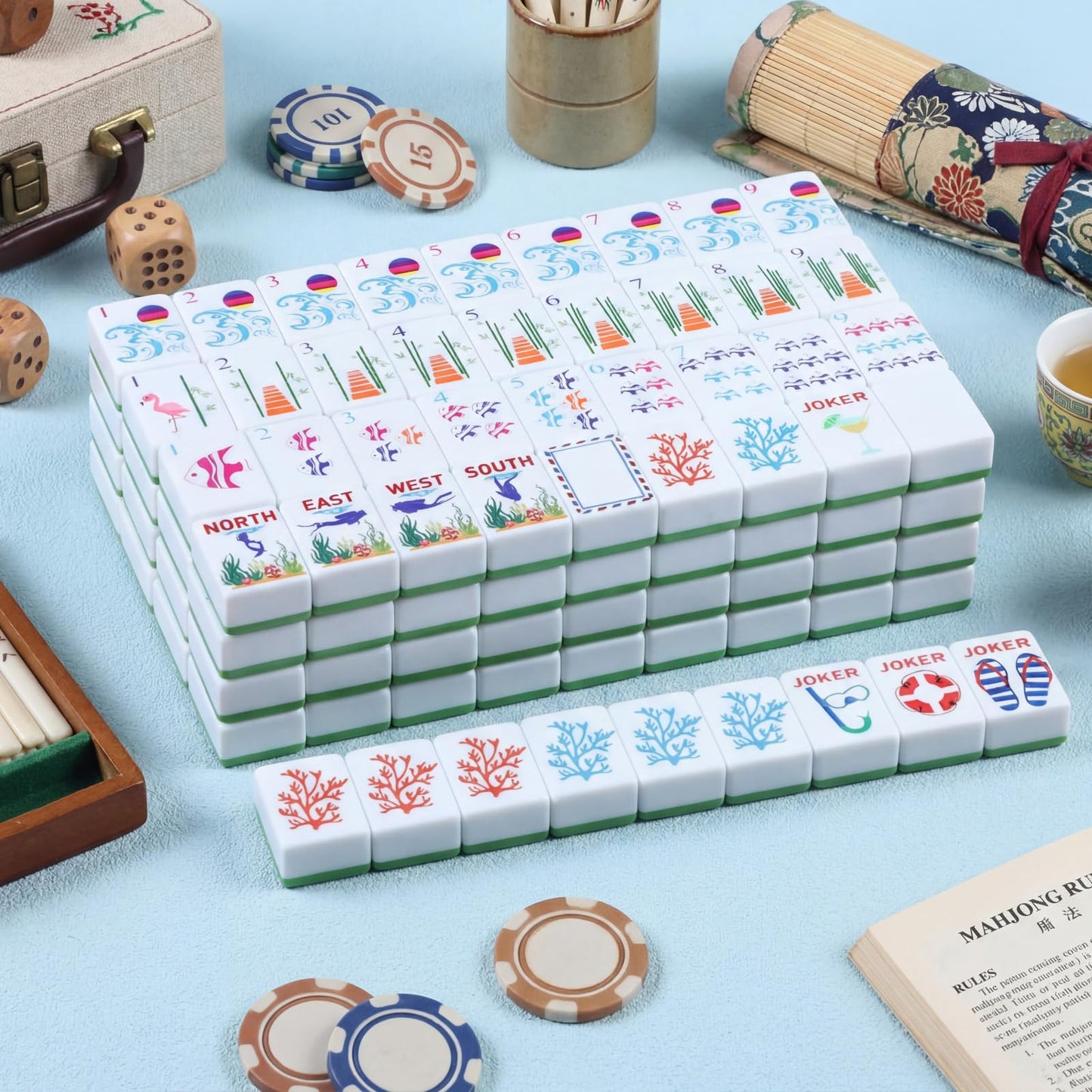 Arrowbash 160-Piece American Mahjong Set — Summer Theme, Hand-Engraved Tiles