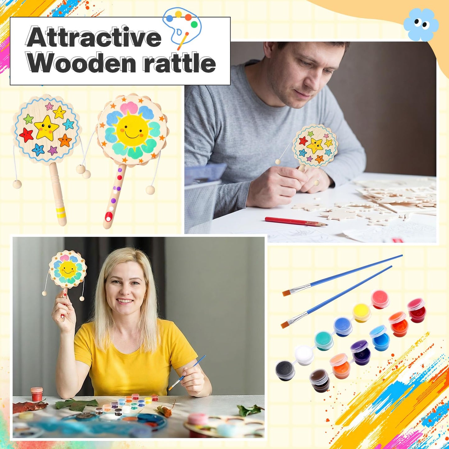 Arrowbash 24 Pcs DIY Rattle Set – Unfinished Blank Wooden Hand Drums Craft Kit