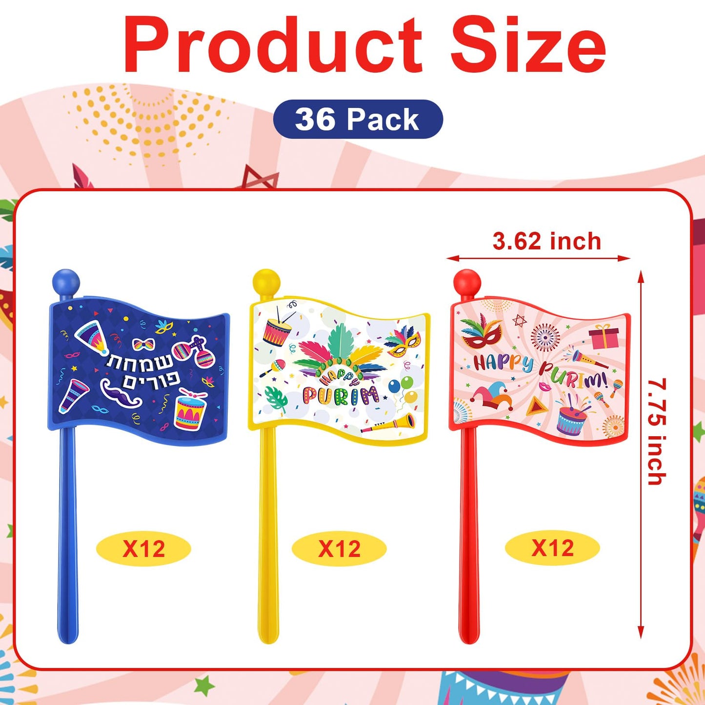 Arrowbash Purim Graggers Bulk 72-Pack – Colorful Noise Makers for Festive Celebrations