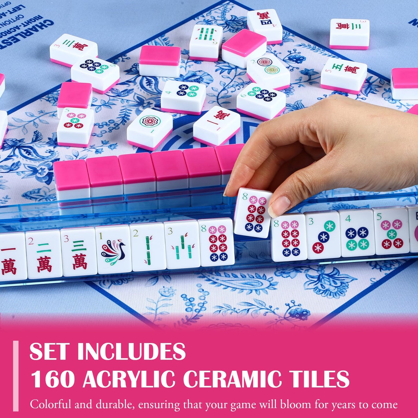 Arrowbash American Mahjong Set — 160 Tiles, 1.2-Inch Hand Carved Pattern, Rose Red