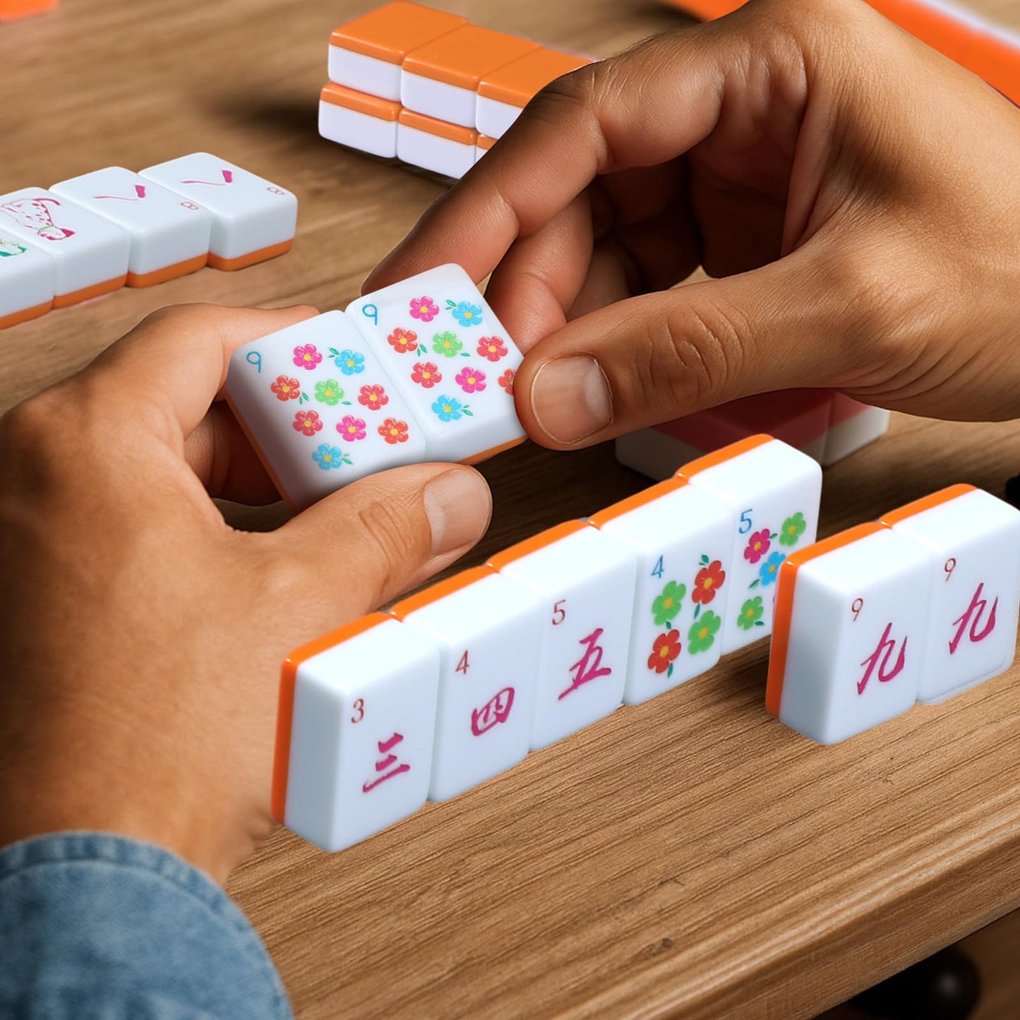 Arrowbash Floral American Mahjong Set — 160 Pcs, 1.2-Inch Melamine Tiles, Orange Back