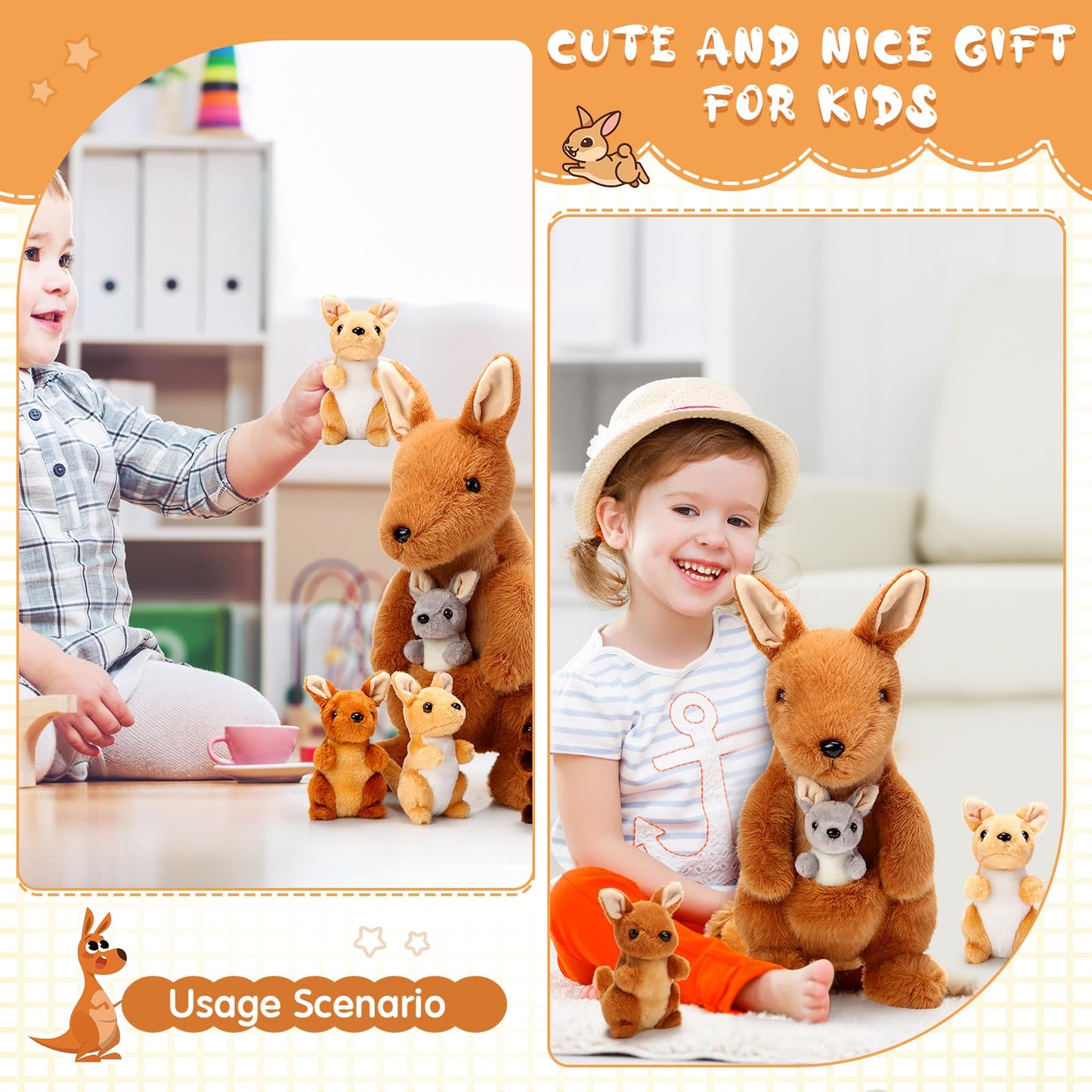 Arrowbash 5-Pcs Kangaroo Plush Set — 12in Mommy Kangaroo with 4 Babies