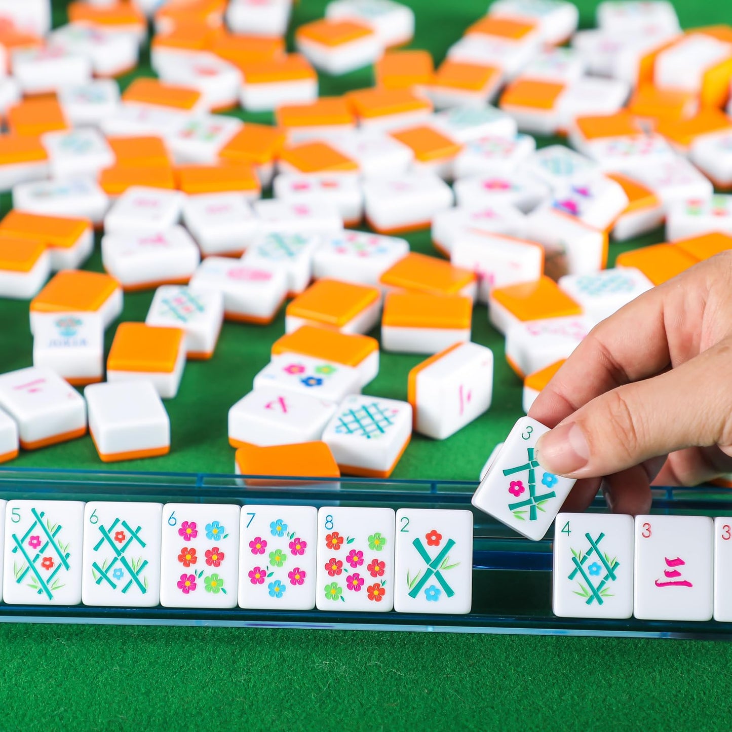 Arrowbash Floral American Mahjong Set — 160 Pcs, 1.2-Inch Melamine Tiles, Orange Back