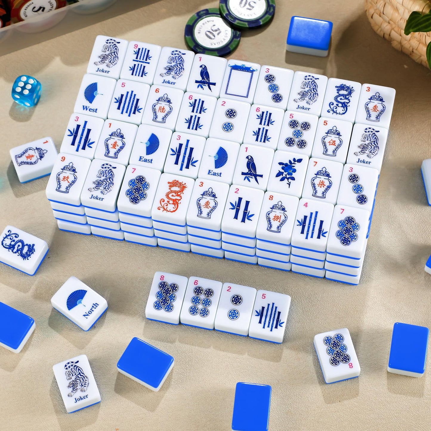 Arrowbash Christmas 160-Piece Chinoiserie Mahjong Tile Set | Melamine, Blue Back