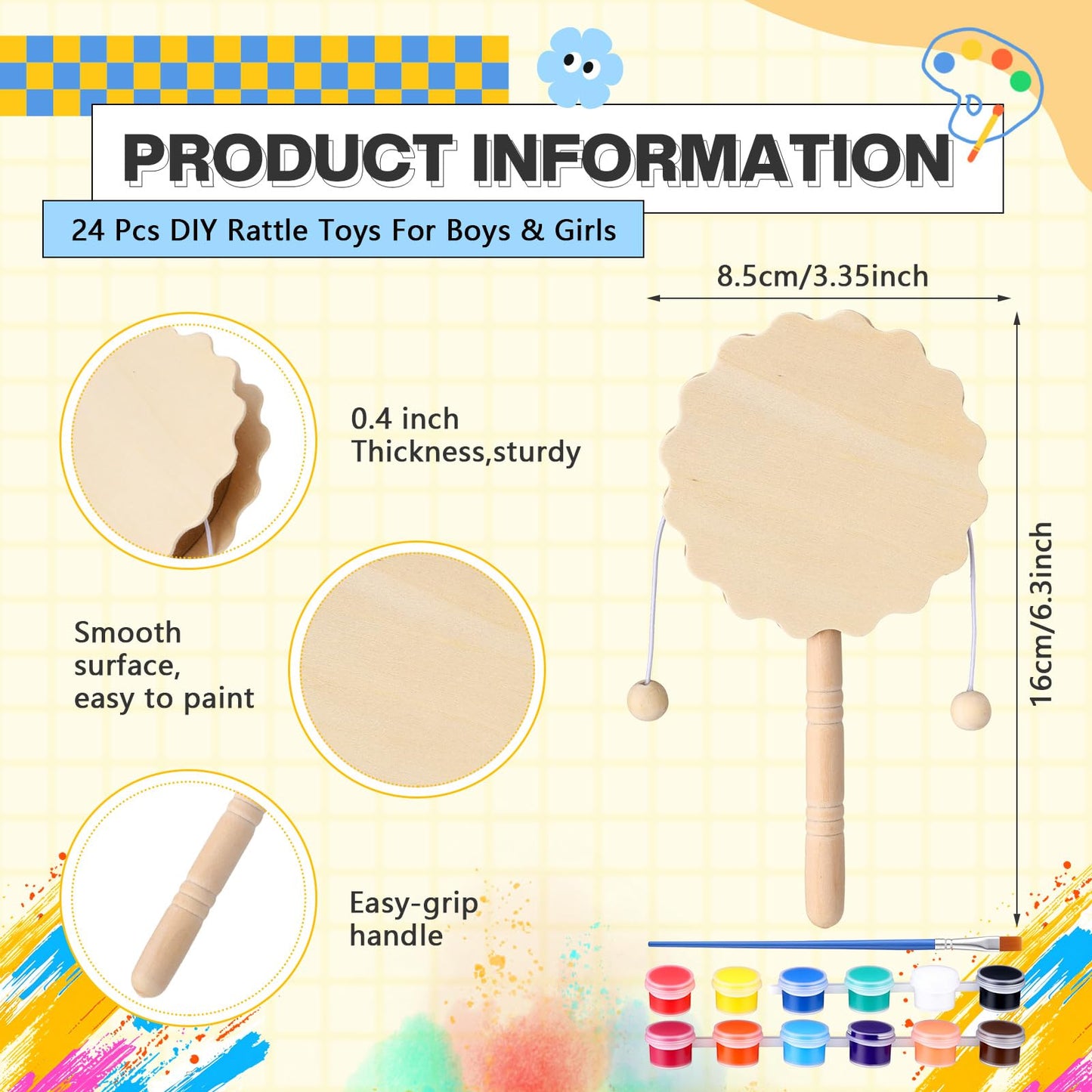 Arrowbash 24 Pcs DIY Rattle Set – Unfinished Blank Wooden Hand Drums Craft Kit
