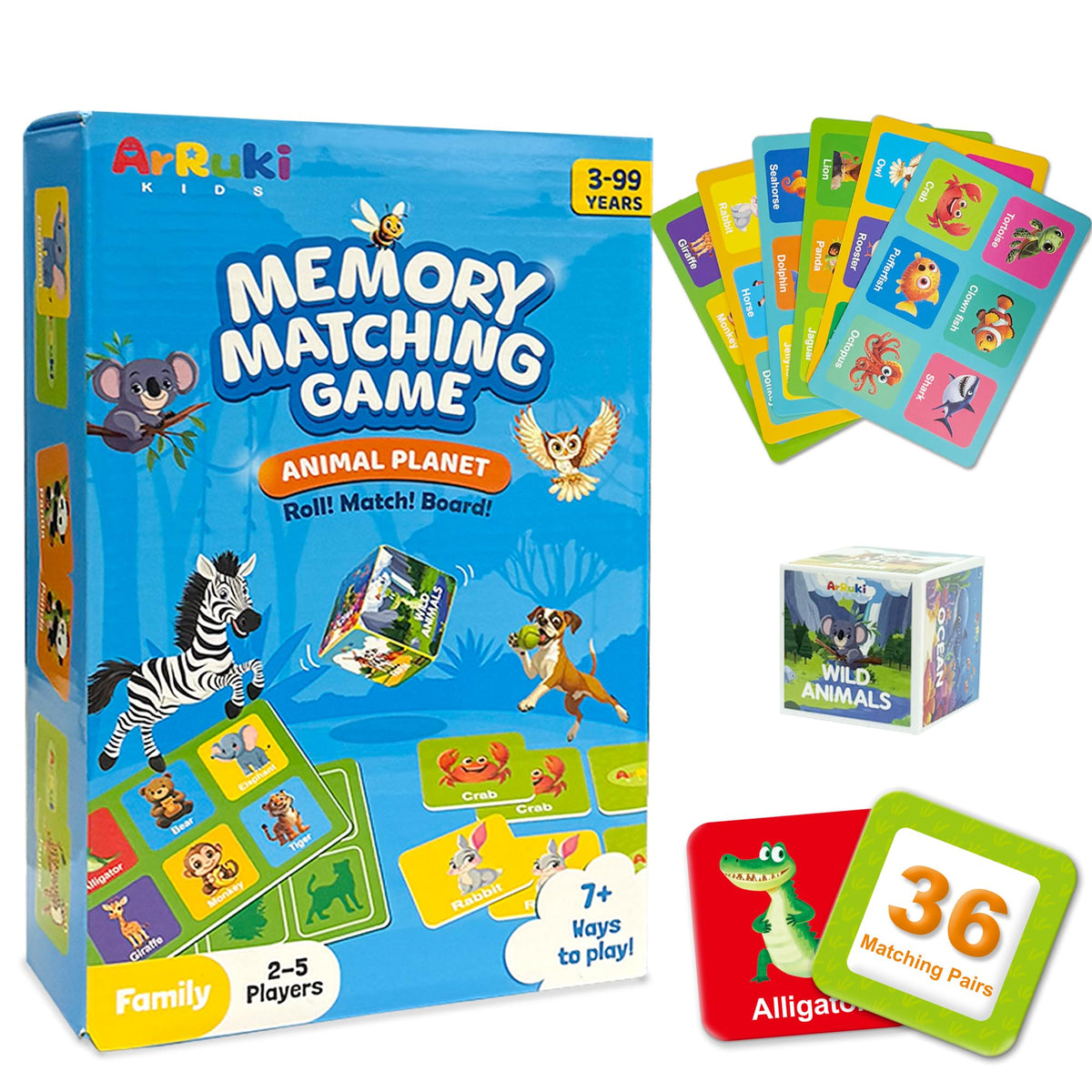 ArRuKi KIDS 72-Piece Animals Memory Game for Kids 3+ | 7-in-1 Memory Card Fun