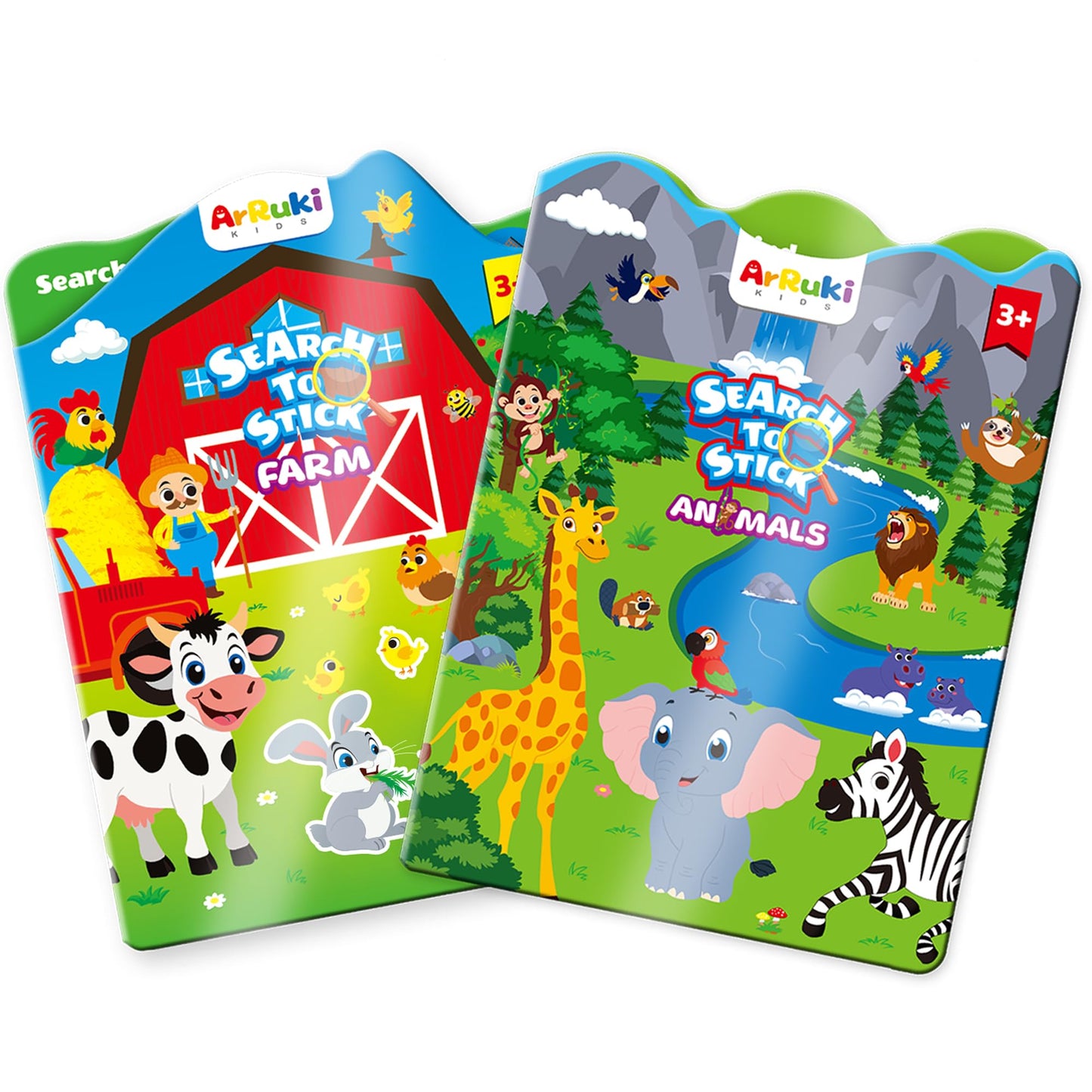 ArRuKi KIDS 2 Sets Reusable Sticker Books for Toddlers – Farm Animals & Safari