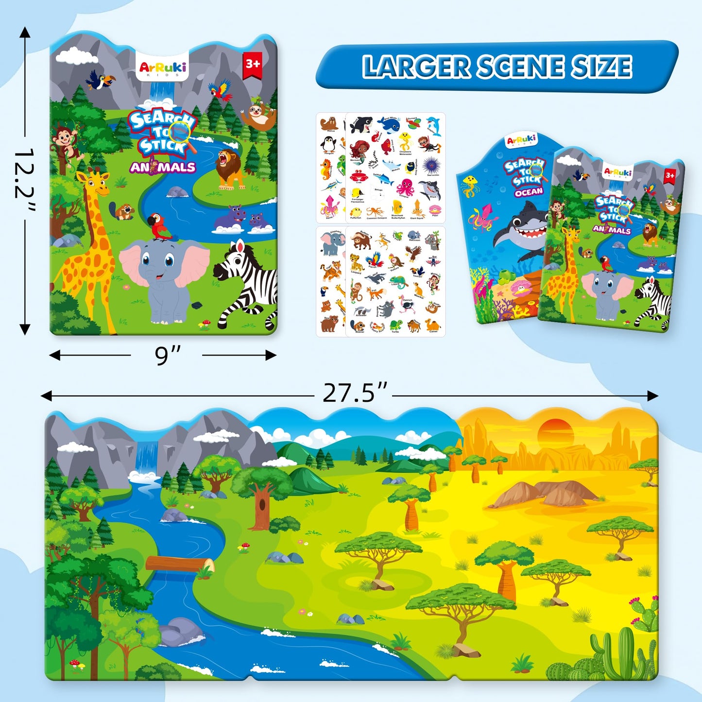 ArRuKi KIDS Reusable Jelly Sticker Books for Toddlers (Ages 3–5) – Ocean Wrold & Safari – Travel Craft Kits