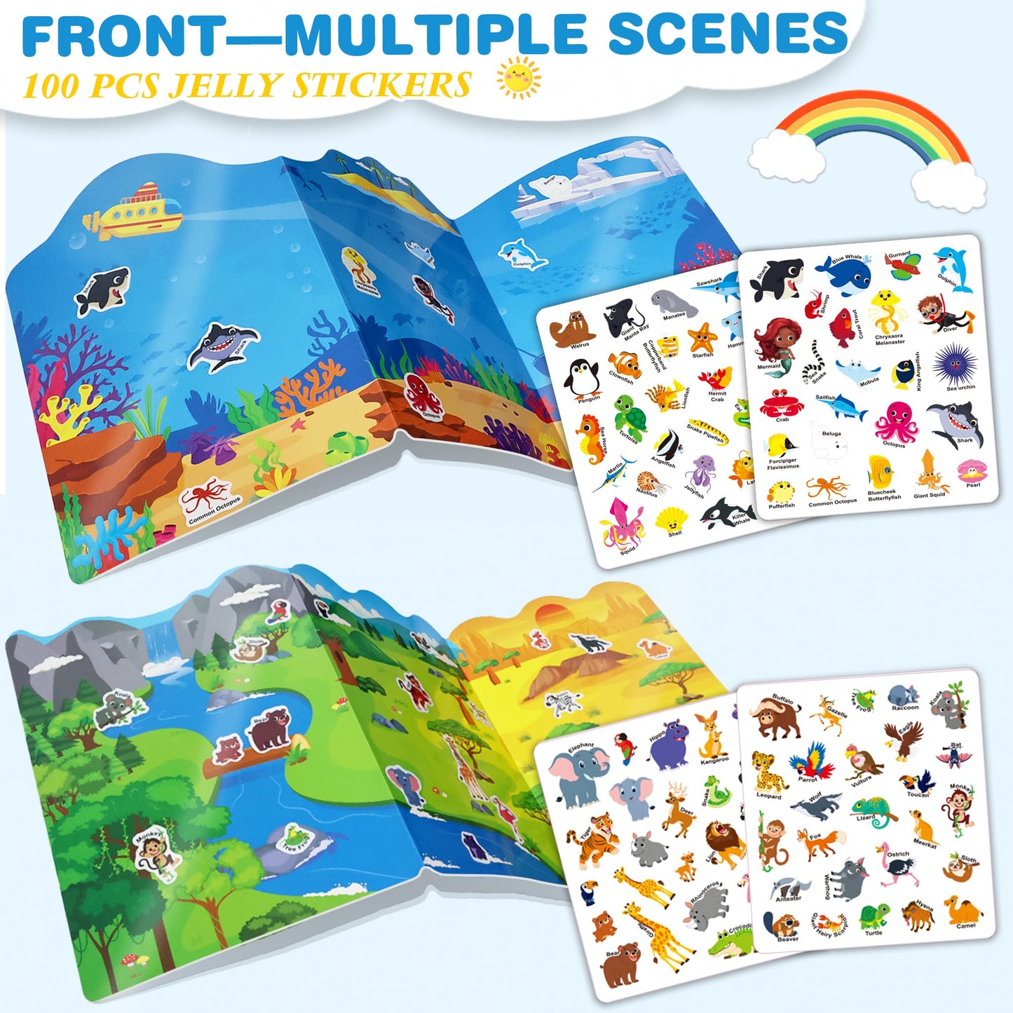 ArRuKi KIDS Reusable Jelly Sticker Books for Toddlers (Ages 3–5) – Ocean Wrold & Safari – Travel Craft Kits