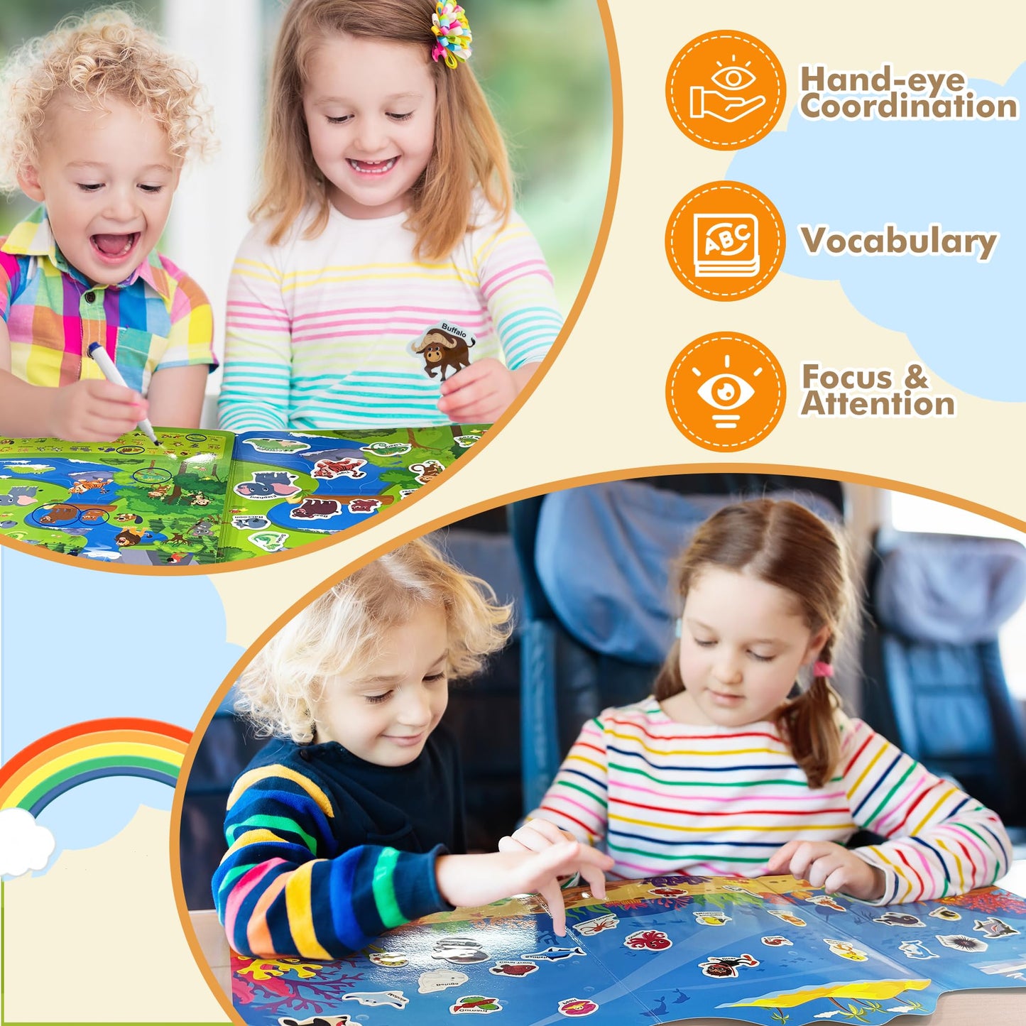 ArRuKi KIDS Reusable Jelly Sticker Books for Toddlers (Ages 3–5) – Ocean Wrold & Safari – Travel Craft Kits