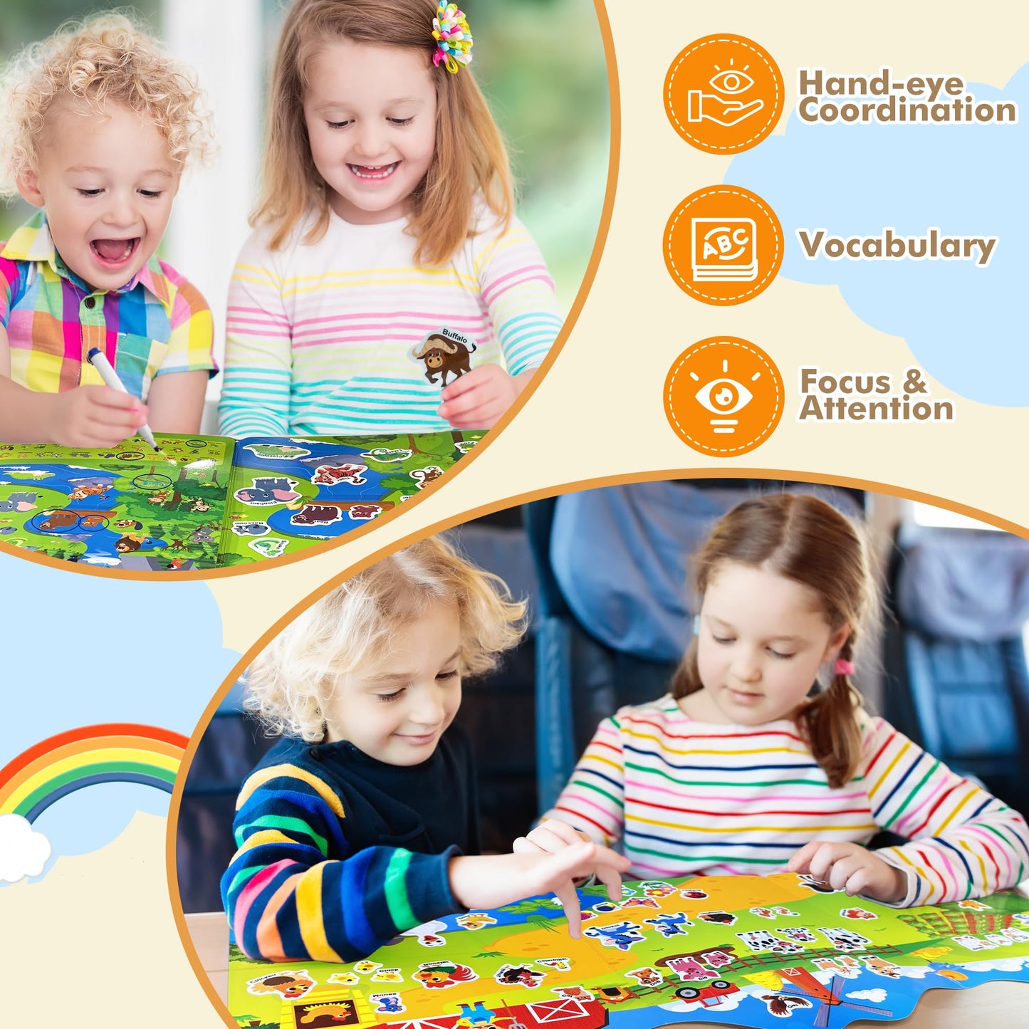ArRuKi KIDS 2 Sets Reusable Sticker Books for Toddlers – Farm Animals & Safari