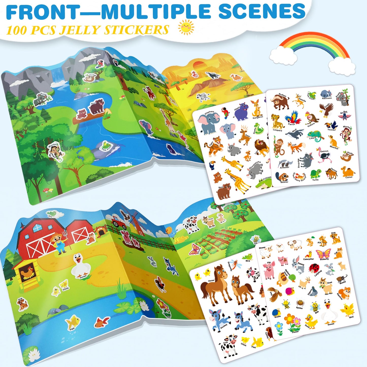 ArRuKi KIDS 2 Sets Reusable Sticker Books for Toddlers – Farm Animals & Safari