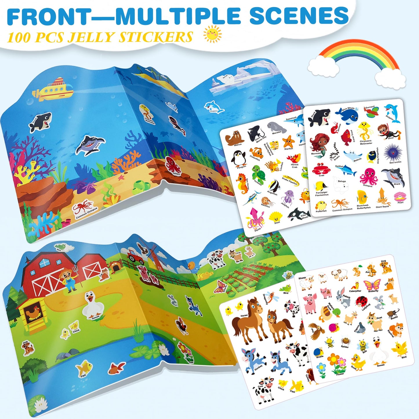 Arruki Kids Reusable Jelly Sticker Books for Toddlers – Farm & Ocean Scenes, 3D Jelly Stickers